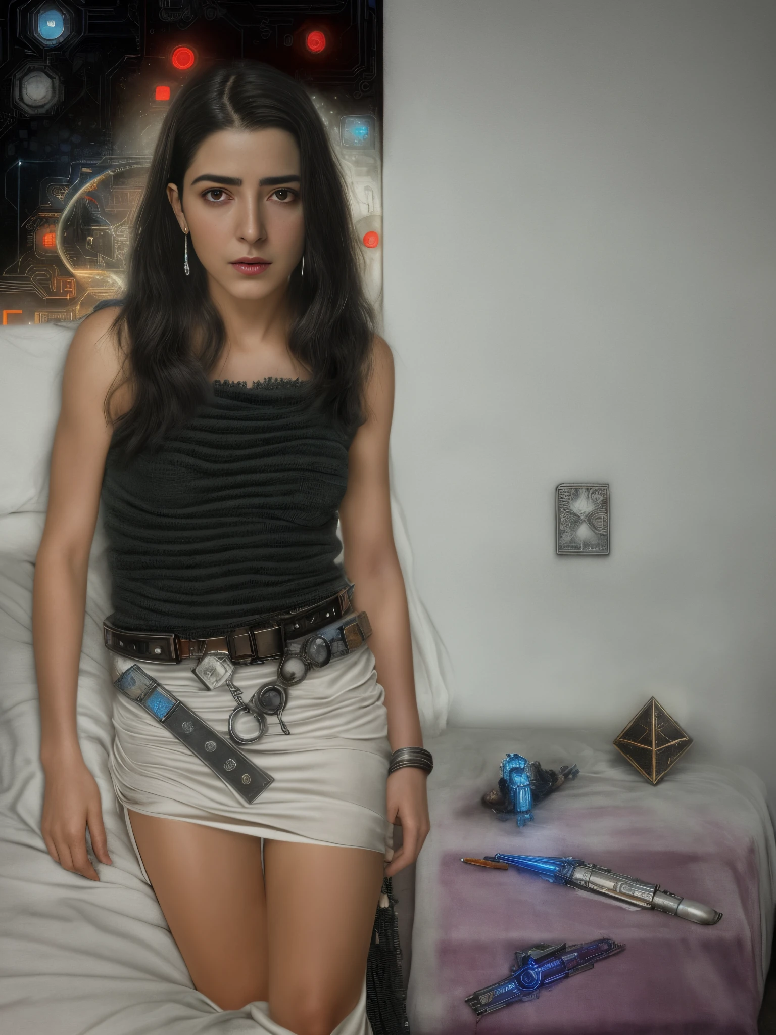 there is a woman standing on a bed with a belt, inspirado em Ruth Deckard, maya ali as a cyber sorceress, sil from species, Christina Kritikou, Maya Ali como um D&d feiticeiro, Judy Alvarez cyberpunk, inspirado em Eva Frankfurther, julia fuentes, Totalmente vestido. Pintura sexy
