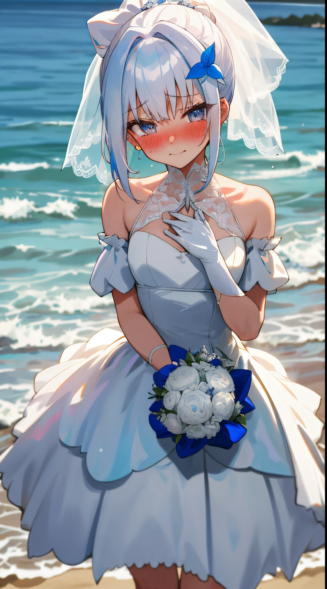 One girl with ponytail hair, bangs, white hair, blue inner hair, looking at viewer, blushing, embarrassed, little smile, tears, wedding venue, beach, flower, wedding dress, bridal veil, lace gloves, dizzy, mid-chest, perfect waist, spread legs, day atmosphere, hair ornament, standing, Bouquet