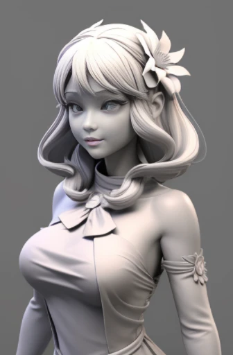 3dmm,Gray clay style,(masterpiece, best quality), Grayscale, zbxr, 1girl, solo, breasts, hair ornament, flower, hair flower, grey background, simple background, medium breasts, upper body, white eyes, dress