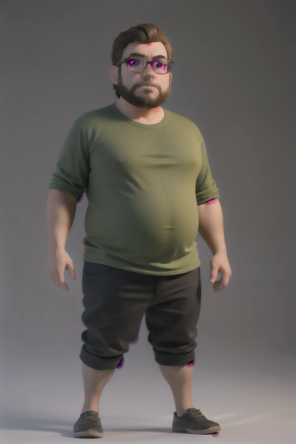 A man with glasses with a dark background in a green shirt and slightly fat and young and with a low beard almost shaved and dark and slightly curly hair