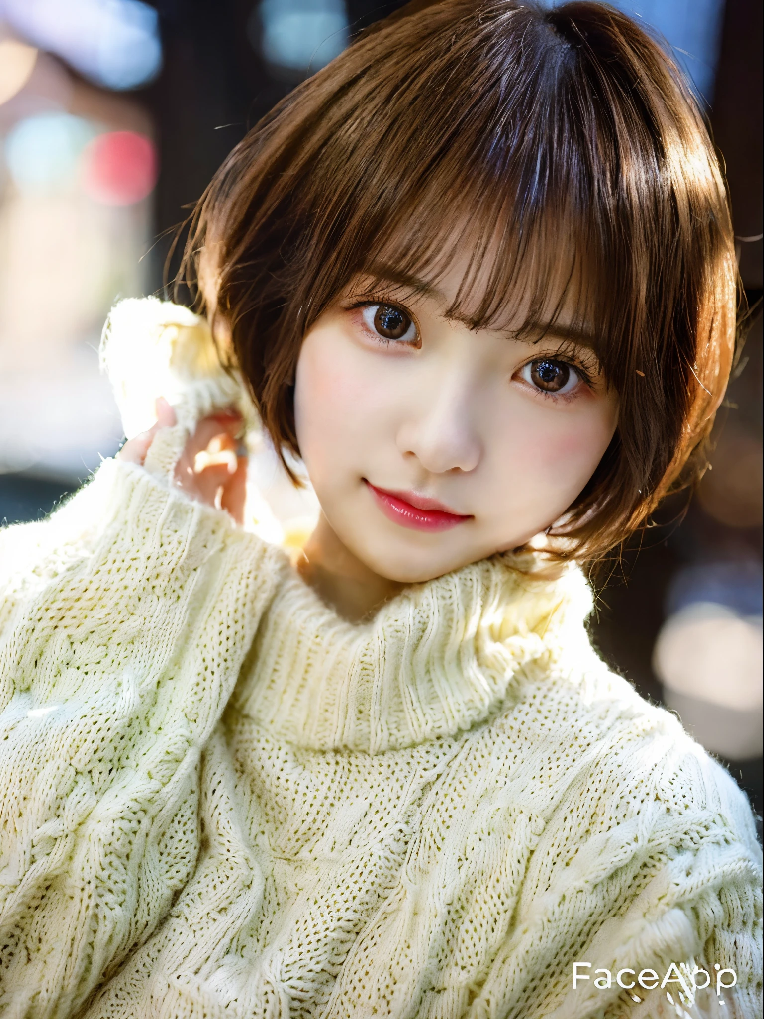 standing under the cherry tree, japanese girl, , little, cute, (white oversized knitted sweater:1.3), snowing, pupils sparkling, brown short hair, depth of field, f/1.8, anatomically correct, textured skin, super detail, high details, high quality, super detail, high details, high quality, best quality, highres