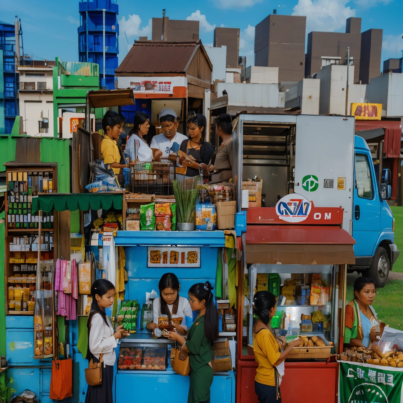 Tradisional market, QRIS payment, logistic, people buy some snack by QRIS payment