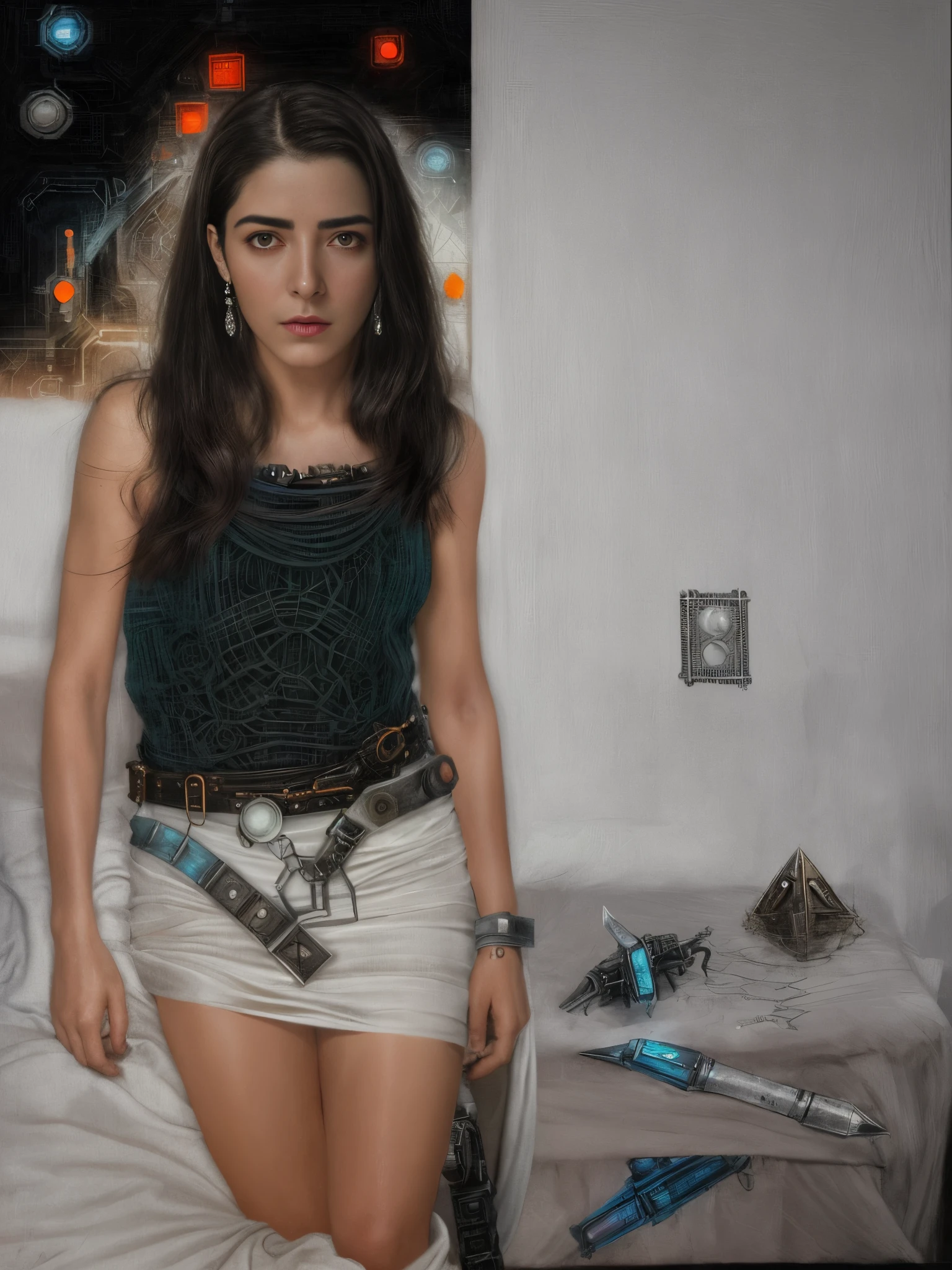 there is a woman standing on a bed with a belt, inspirado em Ruth Deckard, maya ali as a cyber sorceress, sil from species, Christina Kritikou, Maya Ali como um D&d feiticeiro, Judy Alvarez cyberpunk, inspirado em Eva Frankfurther, julia fuentes, Totalmente vestido. Pintura sexy