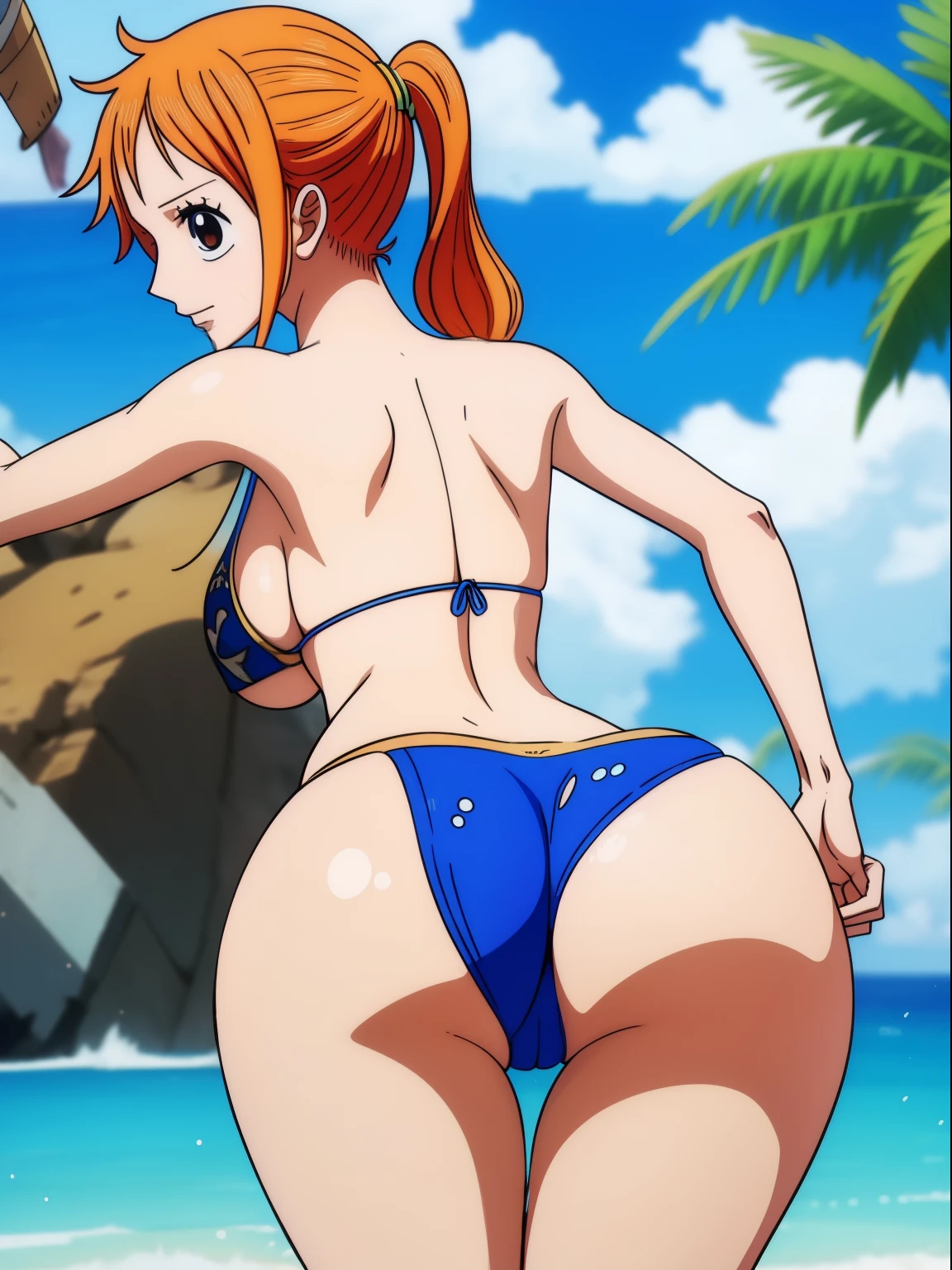 Nami from one piece, sexy tight swimsuit, big ass, big boobs, bent over, showing off ass, back view, head turned towards camera, no extra or missing fingers or limbs