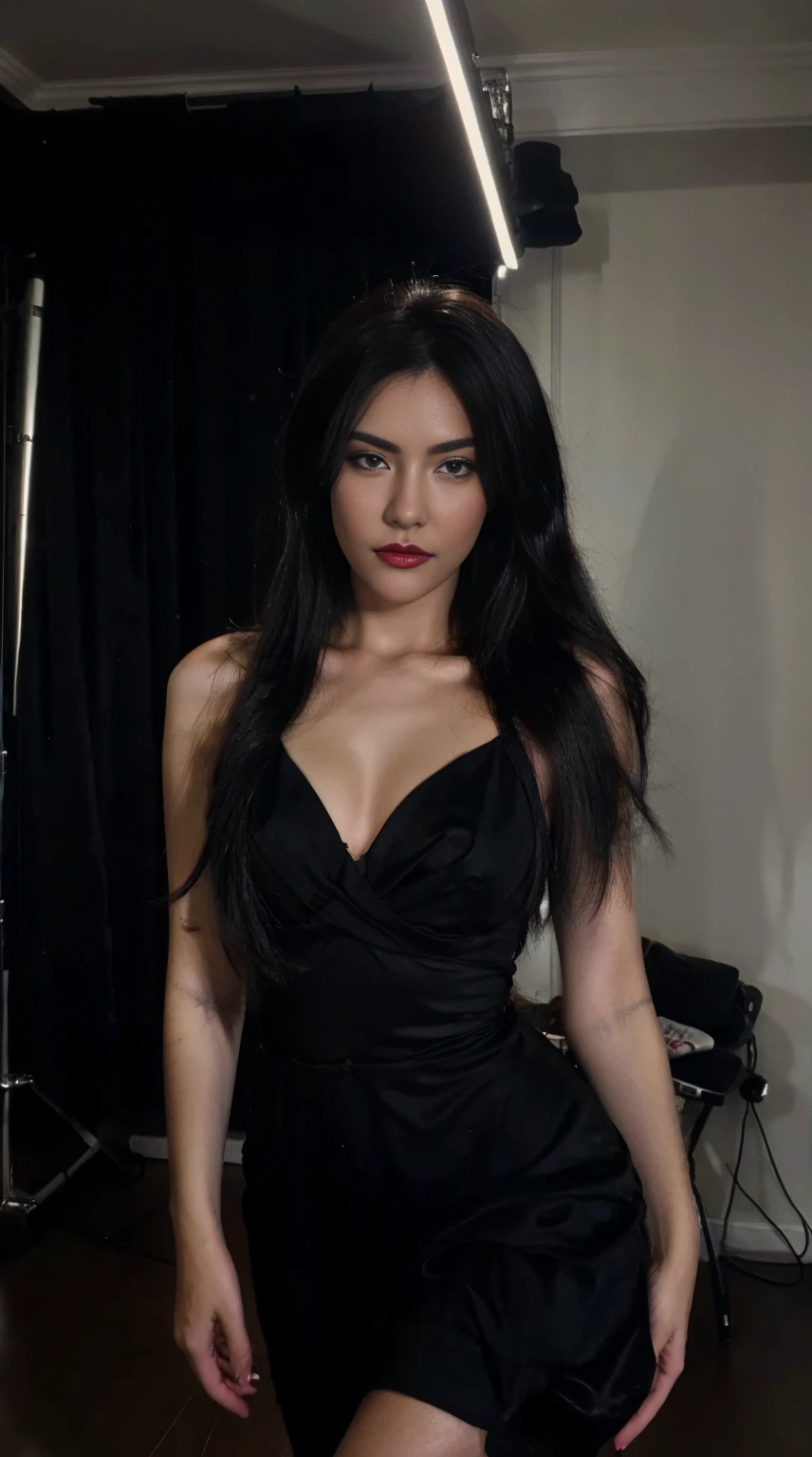 gorgeous girl in black dress, red lips, black hair, studio lights