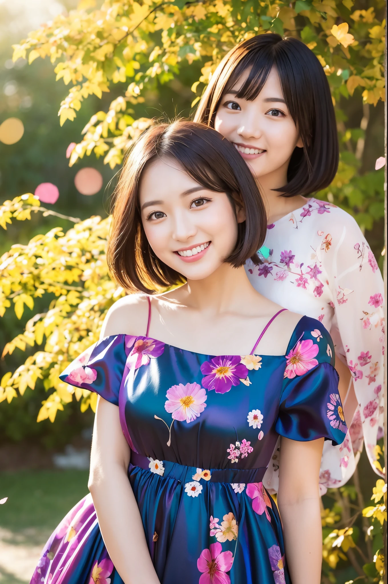 Stand in front of the photo、1girl in,a short bob,Open mouth and big smile、kawaii pose、Flowing iridescent silk、up of face、Eye Up、Colorcon with heart pattern、Floral dress、There are flowers even in front of you、flower petals、Fallen leaves and dragonflies、Take pictures with backlight、season!!:autumnal☀ 🍂