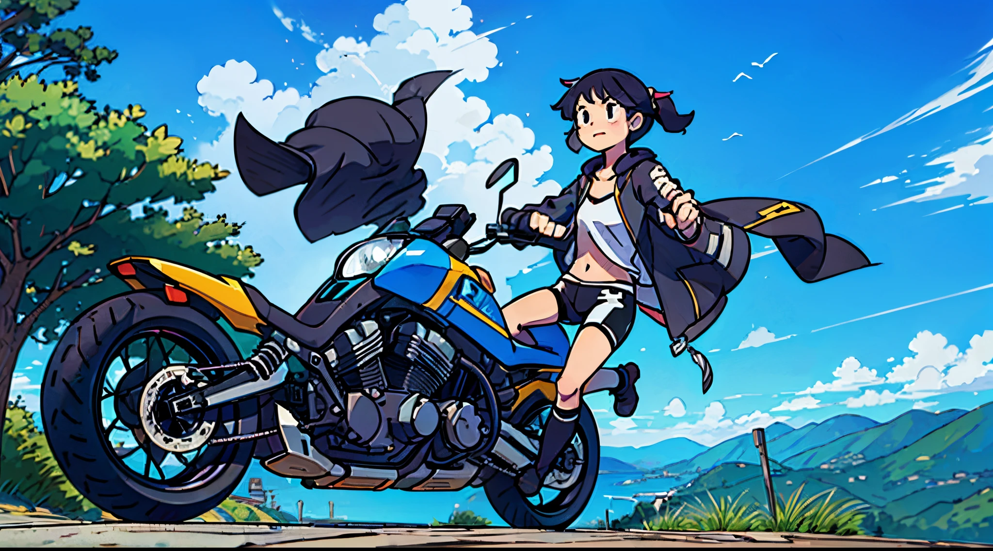 Desenhe uma menina de anime em cima de uma moto