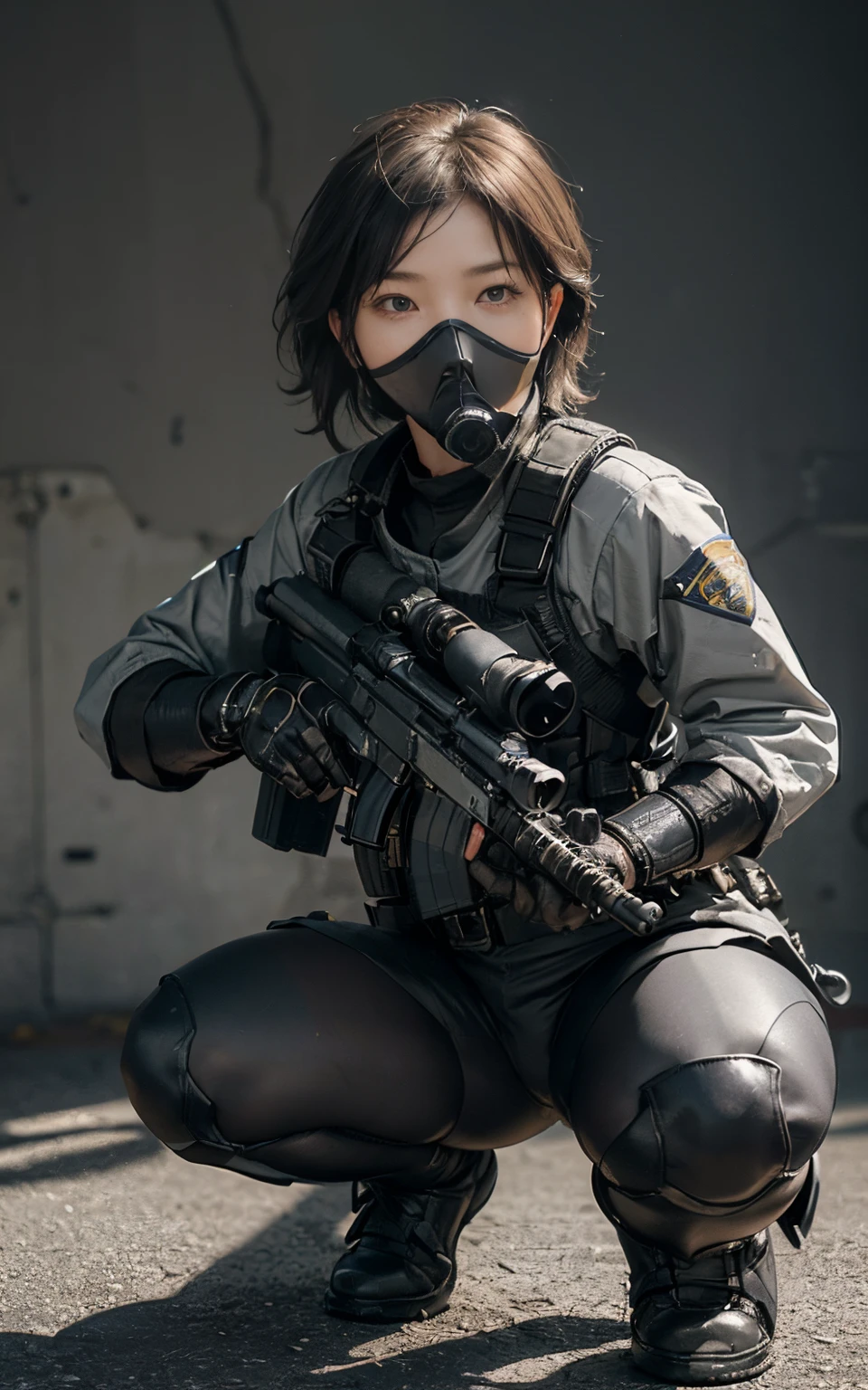 ((best quality, (masterpiece), photorealistic, photorealism, Photorealistic, high resolution)), 1girl full body, aiming with an assault rifle, another girl squatting behind, Combat pose, a bit chubby, (Detailed face), (wearing rash-guard likes police uniform, gloves, black and grey mecha, wearing futuristic-gasmask, black tights, military harness, holding a machinegun, carrying hich-tech-launcher), background grey wall, Fingers are occluded