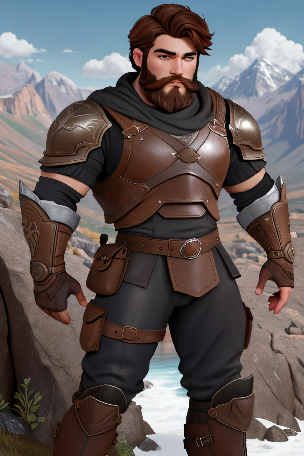 close up 1man in, bearded, Solo, brown hair, messy brown hair, short hair, dark eyes,  taned skin, heavy set, strong, thick body, manicured beard, detailed skin, neutral face, (wearing Hunter armor, leather pants, van braces, big boots, fingerless gloves: 1.1), (neutral pose: 1.22), (detailed mountainous background:1.1), valley, overlooking waterfall, 4k textures, soft light, elegant, highly detailed, sharp focus, soothing tones, insane details, intricate details, hyperdetailed, low contrast, exposure blend, hdr, faded