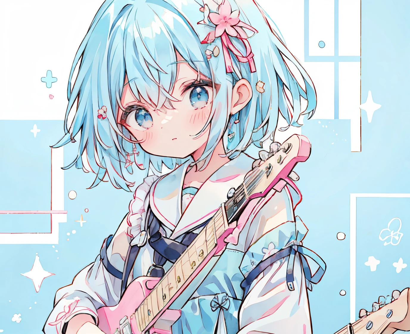 bsurd, high resolution, (handwriting tone:1.1), ((mastepiece)), (best quality), (super detailed), (beautiful), beautiful face, (lift-up), cute girl, guitar, ((have a guitar)) light blue hair, bob hair, light blue eyes, delicate eyes, (band, guitar, pink guitar) light blue sailor suit, light blue skirt, pink ribbon, light blue background、Background Simple、The upper part of the body