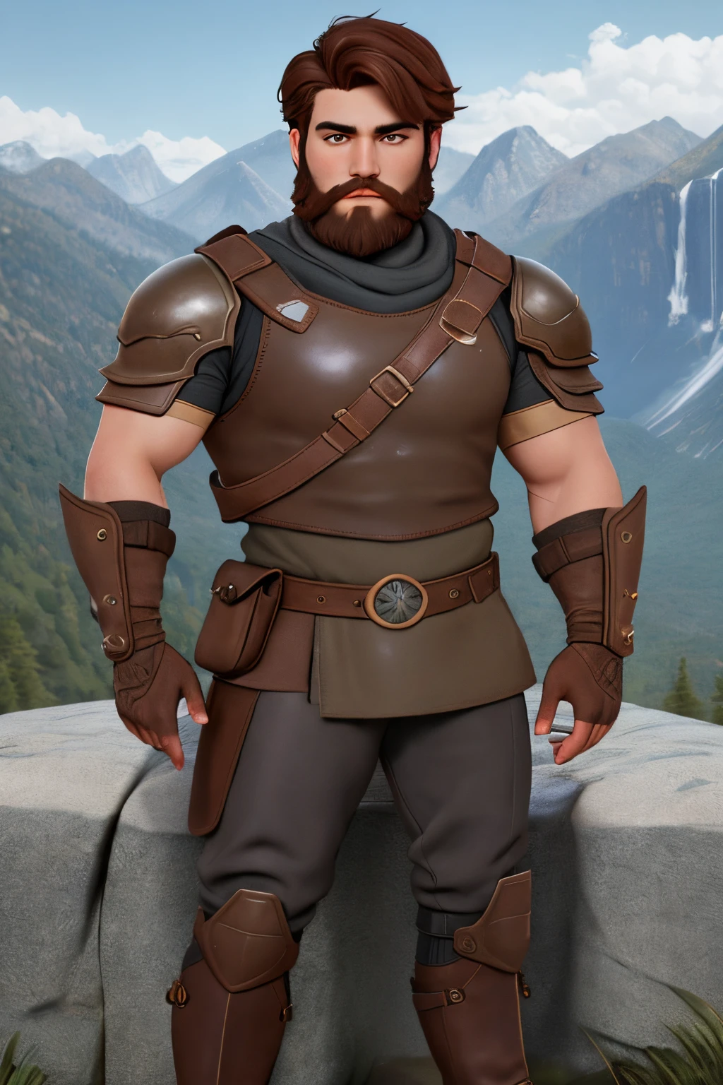 close up 1man in, bearded, Solo, brown hair, messy brown hair, short hair, dark eyes,  taned skin, heavy set, strong, thick body, manicured beard, detailed skin, neutral face, (wearing Hunter armor, leather pants, van braces, big boots, fingerless gloves: 1.1), (neutral pose: 1.22), (detailed mountainous background:1.1), valley, overlooking waterfall, 4k textures, soft light, elegant, highly detailed, sharp focus, soothing tones, insane details, intricate details, hyperdetailed, low contrast, exposure blend, hdr, faded