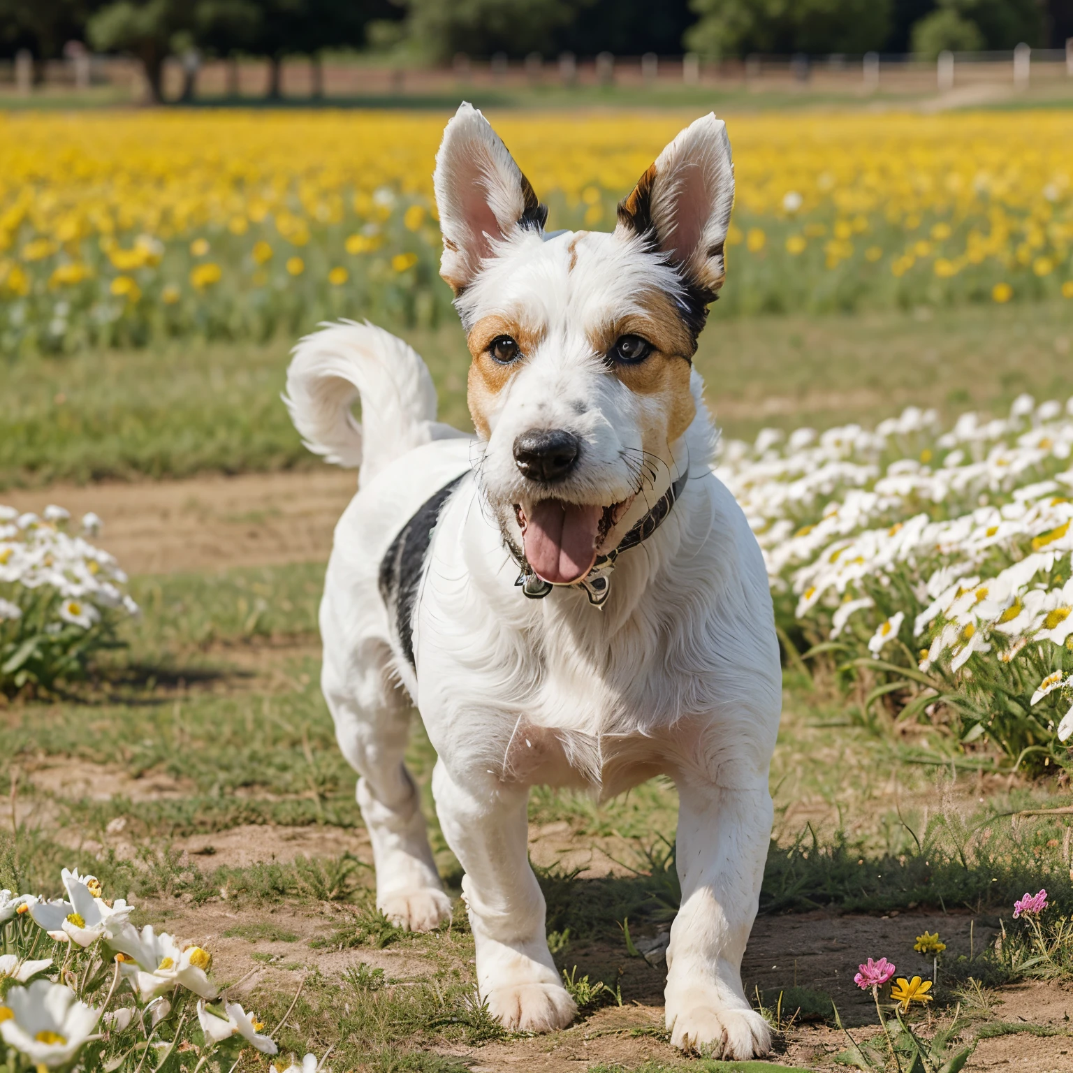 Fox terrier dog, white with blacks spots, running in a flower field