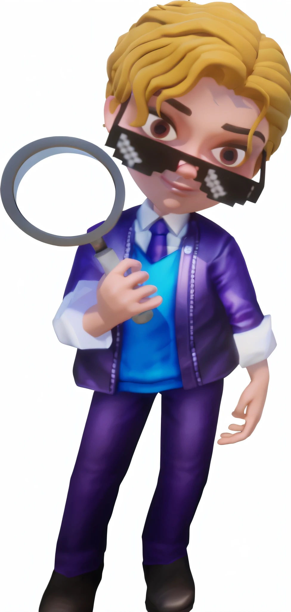 (tmasterpiece, Best quality:1.4), (The beautiful, Aesthetic, perfect pubic bone, Exquisite, iintricate:1.2),((Best quality)), ((tmasterpiece)), (Detailed pubic hair),(A high resolution:1.2), Close-up of cartoon character holding magnifying glass, Valuigi as a real person, guy in purple coat, detective clothes, stylized characters, cartoony shaders, He wears sunglasses, detective, Octagon rendering, Purple coat, cel shaded pbr