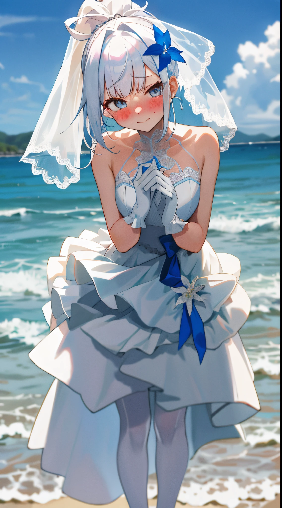 prinz eugen \(warship girls r\),((masterpiece)),(((best quality))),((ultra-detailed)),((illustration)),((disheveled hair)),((frills)),(1 girl),(solo),1girl,bangs,bare shoulders,barefoot,blue sky,blush,bridal veil,cherry blossoms,cloud,cloudy sky,confetti,day,dress,earrings,eyebrows visible through hair,falling petals,feet,flower,foot focus,hair between eyes,hair ornament,high heels,jewelry,leaves in wind,short hair,looking at viewer,looking back,ocean,open mouth,outdoors,petals,petals on liquid,ponytail,rose petals,shoes removed,sidelocks,single shoe,sky,soles,solo,splashing,thighs,tiara,toes,tree,underwear,veil,water,water drop,wedding dress,wet,white dress,Rating:safe,foreshortening,
blue hair,red eyes,