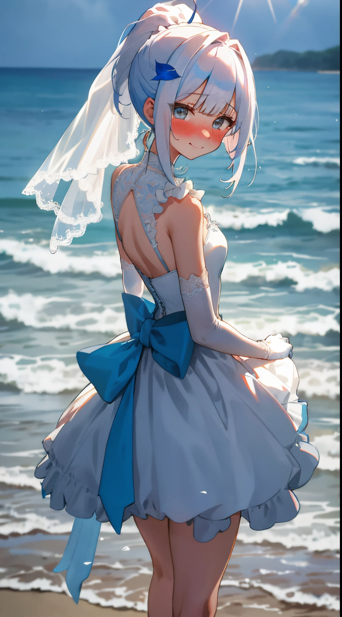 One girl with ponytail hair, bangs, white hair, blue inner hair, looking at viewer, blushing, embarrassed, little smile, tears, wedding venue, beach, flower, wedding dress, bridal veil, lace gloves, dizzy, mid-chest, perfect waist, spread legs, day atmosphere, hair ornament, standing, from behind, backlight