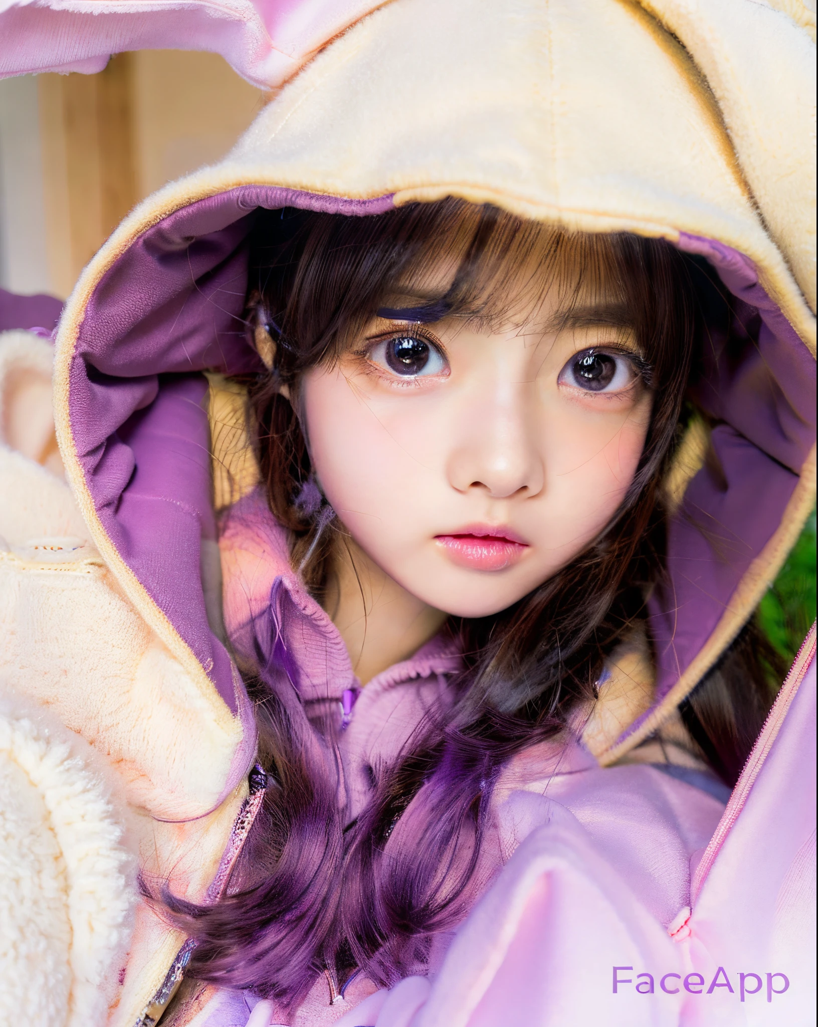 Close-up of a person wearing a hoodie and shoes, kawaii realistic portrait, ulzzangs, cute natural anime face, cute kawaii girl, sakimichan, ultrarealistic sweet bunny girl, cute large eyes, with cute doting eyes, real life anime girl, cute round slanted eyes, realistic young anime girl, with glowing purple eyes
