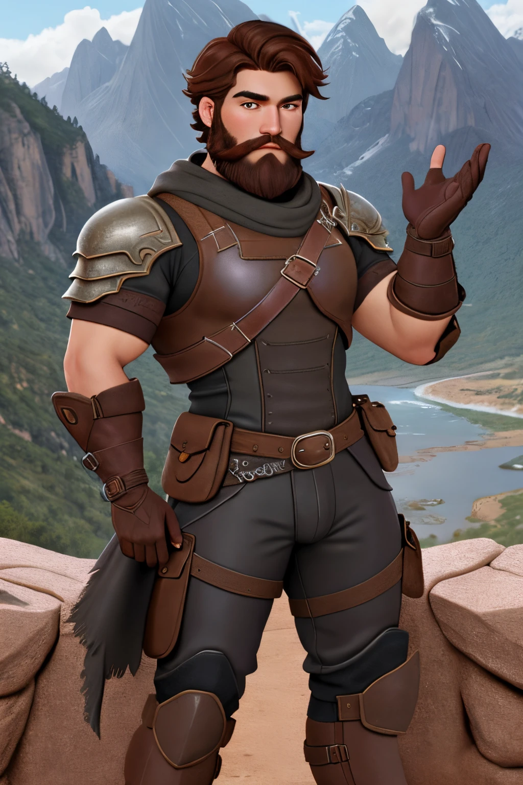 close up 1man in, bearded, Solo, brown hair, messy brown hair, short hair, dark eyes,  taned skin, heavy set, strong, thick body, manicured beard, detailed skin, neutral face, (wearing Hunter armor, leather pants, van braces, big boots, fingerless gloves: 1.1), (neutral pose: 1.22), (detailed mountainous background:1.1), valley, overlooking waterfall, 4k textures, soft light, elegant, highly detailed, sharp focus, soothing tones, insane details, intricate details, hyperdetailed, low contrast, exposure blend, hdr, faded