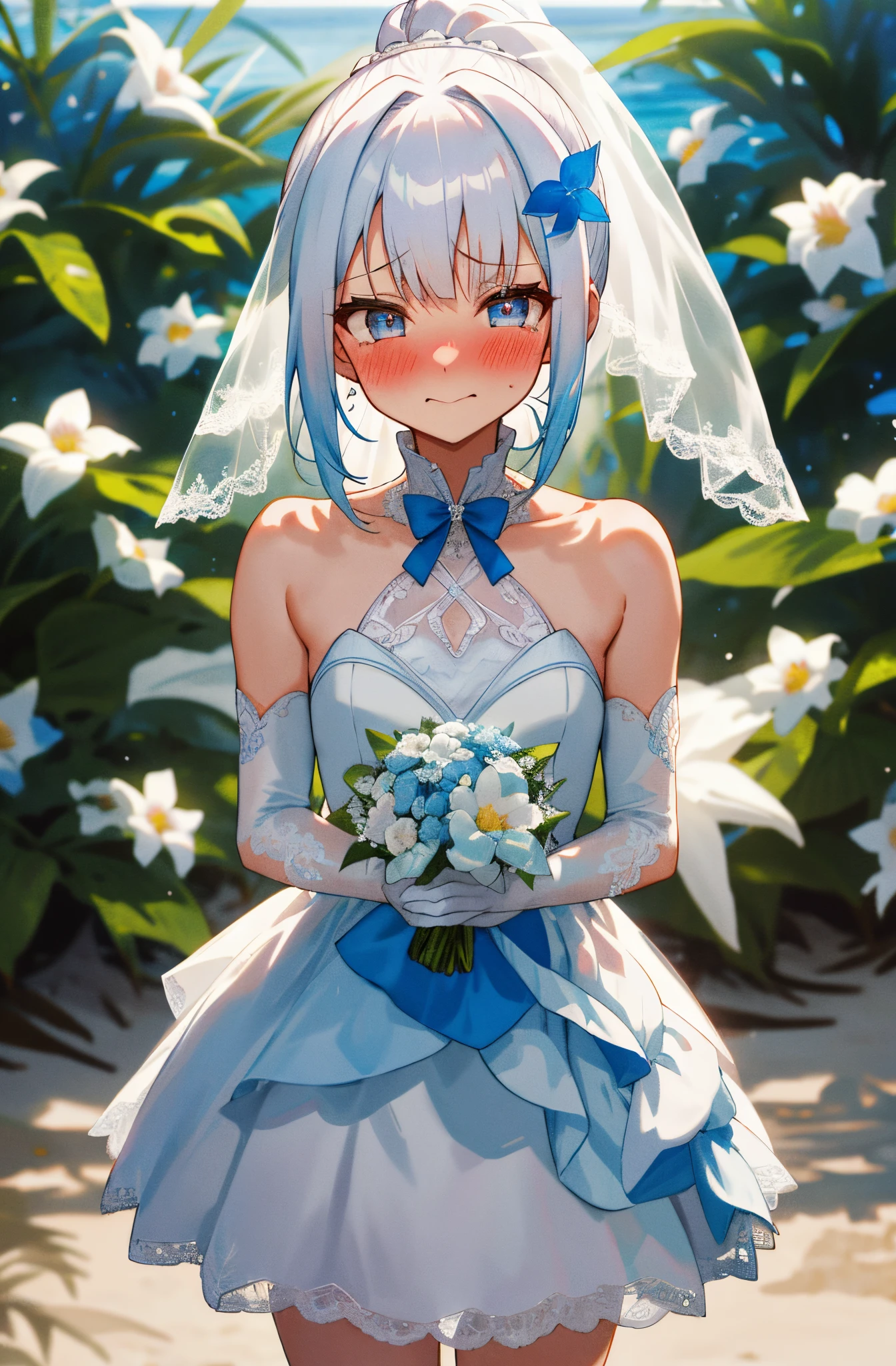 One girl with ponytail hair, bangs, white hair, blue inner hair, looking at viewer, blushing, embarrassed, little smile, tears, wedding venue, beach, flower, wedding dress, bridal veil, lace gloves, dizzy, mid-chest, perfect waist, spread legs, day atmosphere, hair ornament, standing, Bouquet