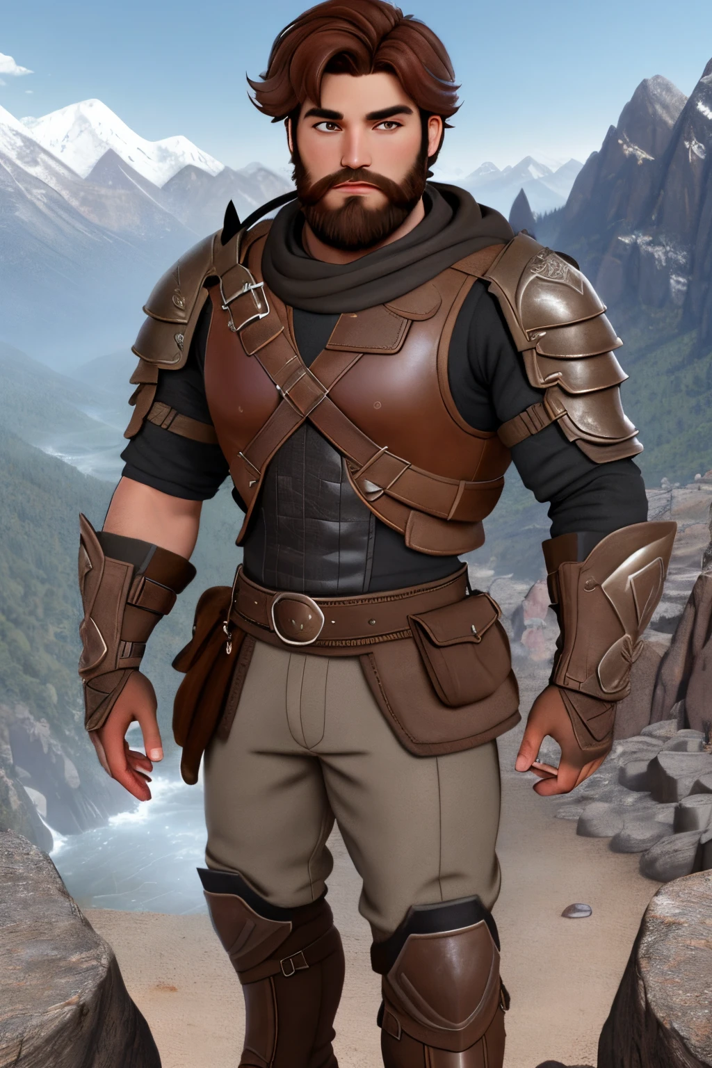 close up 1man in, bearded, Solo, brown hair, messy brown hair, short hair, dark eyes,  taned skin, heavy set, strong, thick body, manicured beard, detailed skin, neutral face, (wearing Hunter armor, leather pants, van braces, big boots, fingerless gloves: 1.1), (neutral pose: 1.22), (detailed mountainous background:1.1), valley, overlooking waterfall, 4k textures, soft light, elegant, highly detailed, sharp focus, soothing tones, insane details, intricate details, hyperdetailed, low contrast, exposure blend, hdr, faded