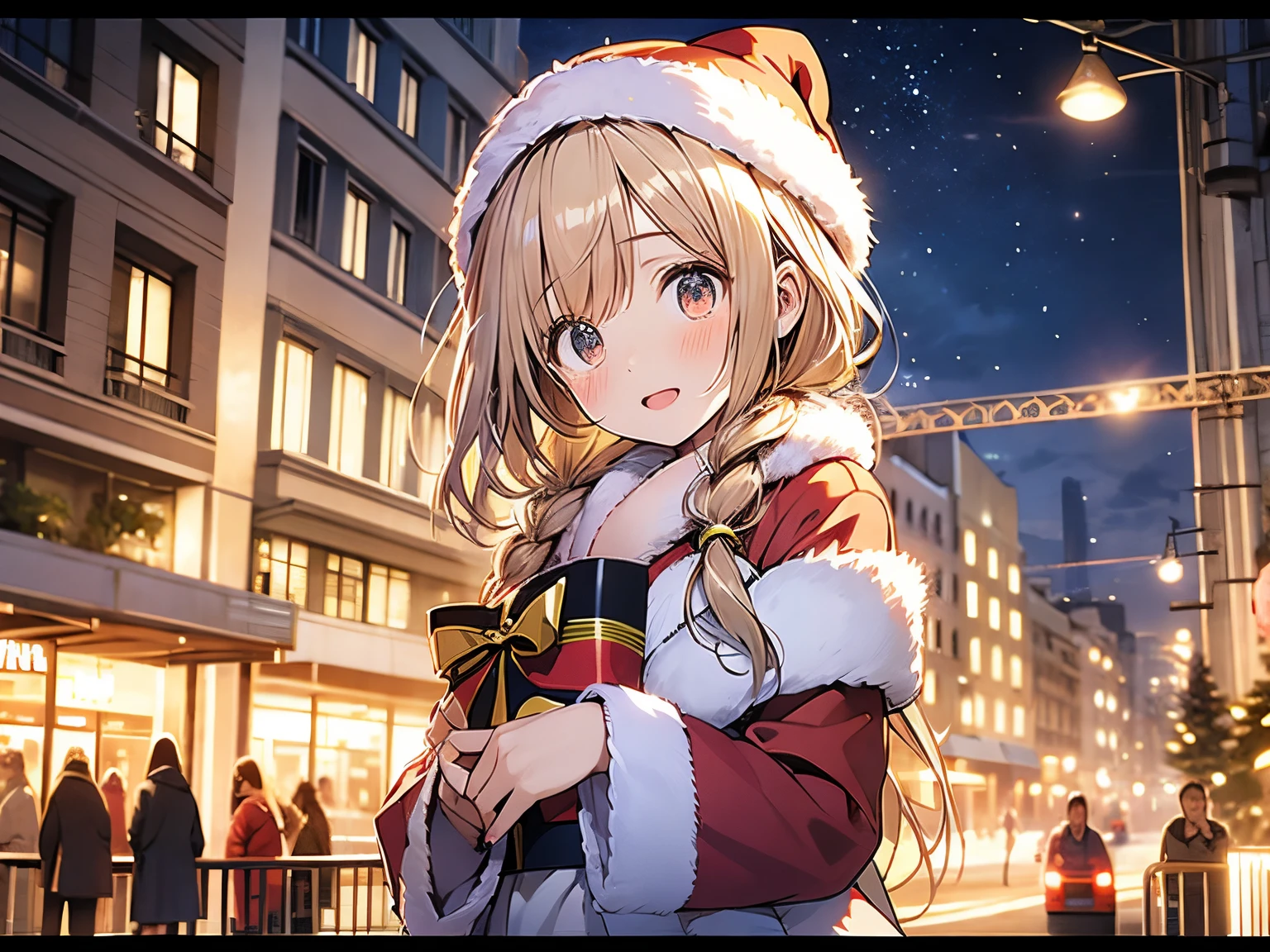 in 8K、top-quality、masterpiece、ultra-detailliert、Ultra-high resolution、1 persons、 girl、yuki、Night city、a blond、santa costume