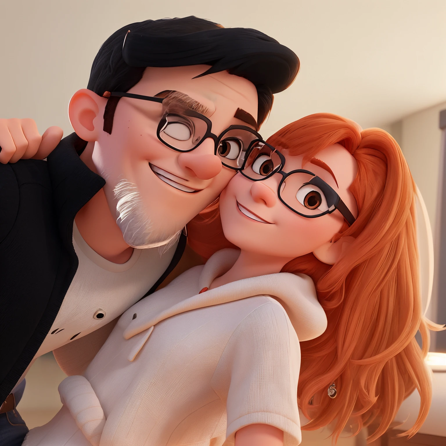 A 3D rendered Pixar poster of a couple taking a selfie. She has orange hair and he has black hair and glasses. They are smiling and very close to each other. Alta calidad. Cartoon
