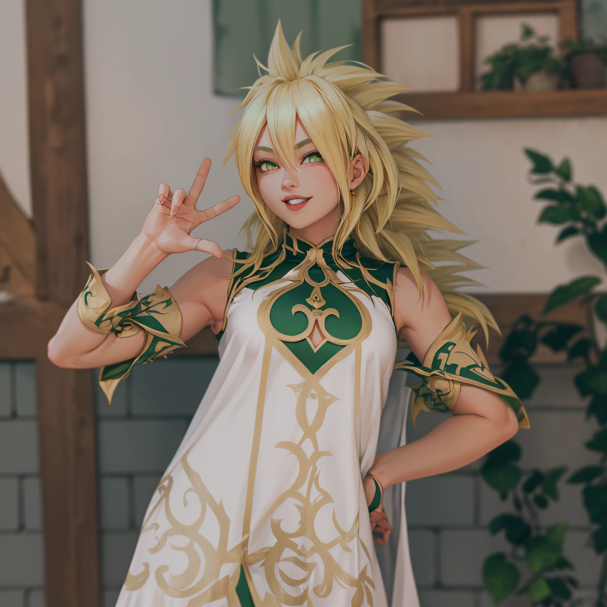 arafed woman in a white dress with green and gold accents,HD, (Masterpiece), High Quality, High Resolution, Smile, Perfect Lighting, Masterpiece, beautiful, ((SuperSaiyan)), cowboy shot, ((blonde hair)), super saiyan, spiked hair,