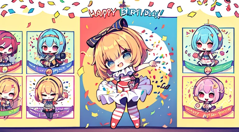 (((chibi))) Poster, Happy birthday poster (((Happy birthday poster, Text utterance "Happy Birthday Hey)) ((((Chibi clown dancing)))) (((((confetti)))))