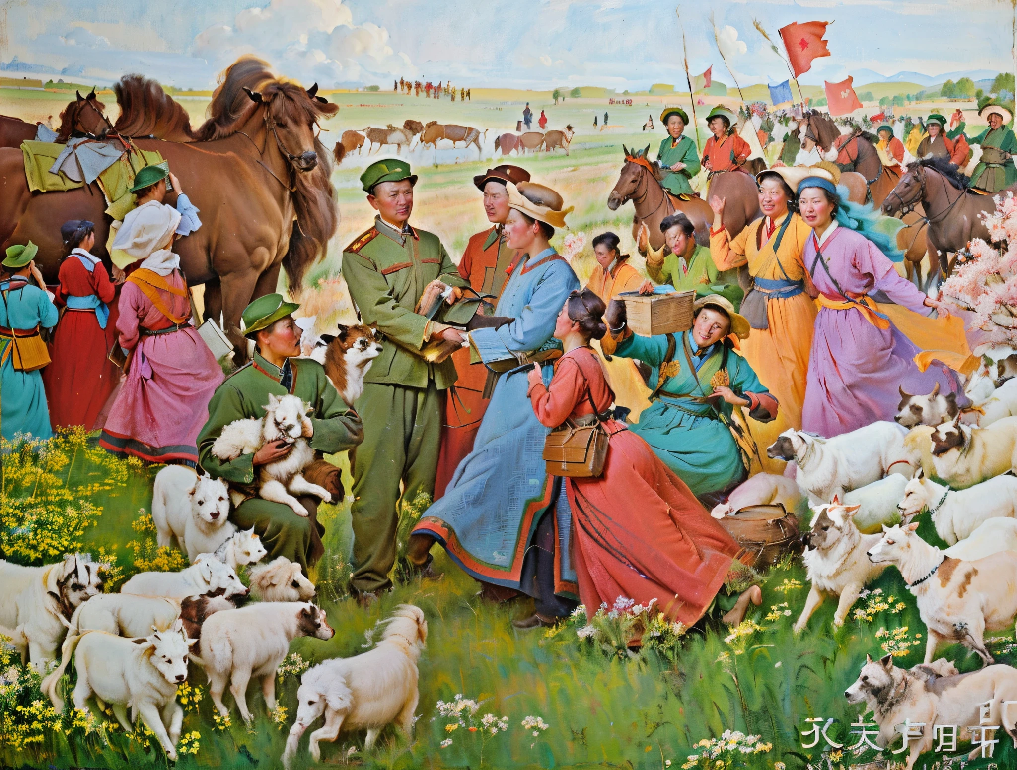 Painting of a group of people and animals in a field, large group of farmers, being in the grassland, author:Sheng Maoye, soviet propaganda painting, author:Gu Zhengyi, z style art work.Shown in. to the, Located in Anluang, soviet painting, traditional painting, An artwork of, old chines painting, colorful image, Soviet propaganda style