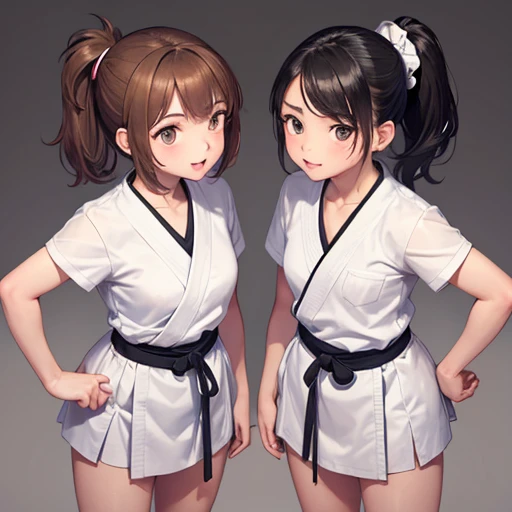 Two girls are practicing karate side by side,Happy look,They are both very cute,Shorthair and ponytail,Accurately depicted faces,a junior high school student,tre anatomically correct,perfectly proportions,Precise fingers,Precise toes,large size karate bodice,white obi,masterpiece,hiquality,