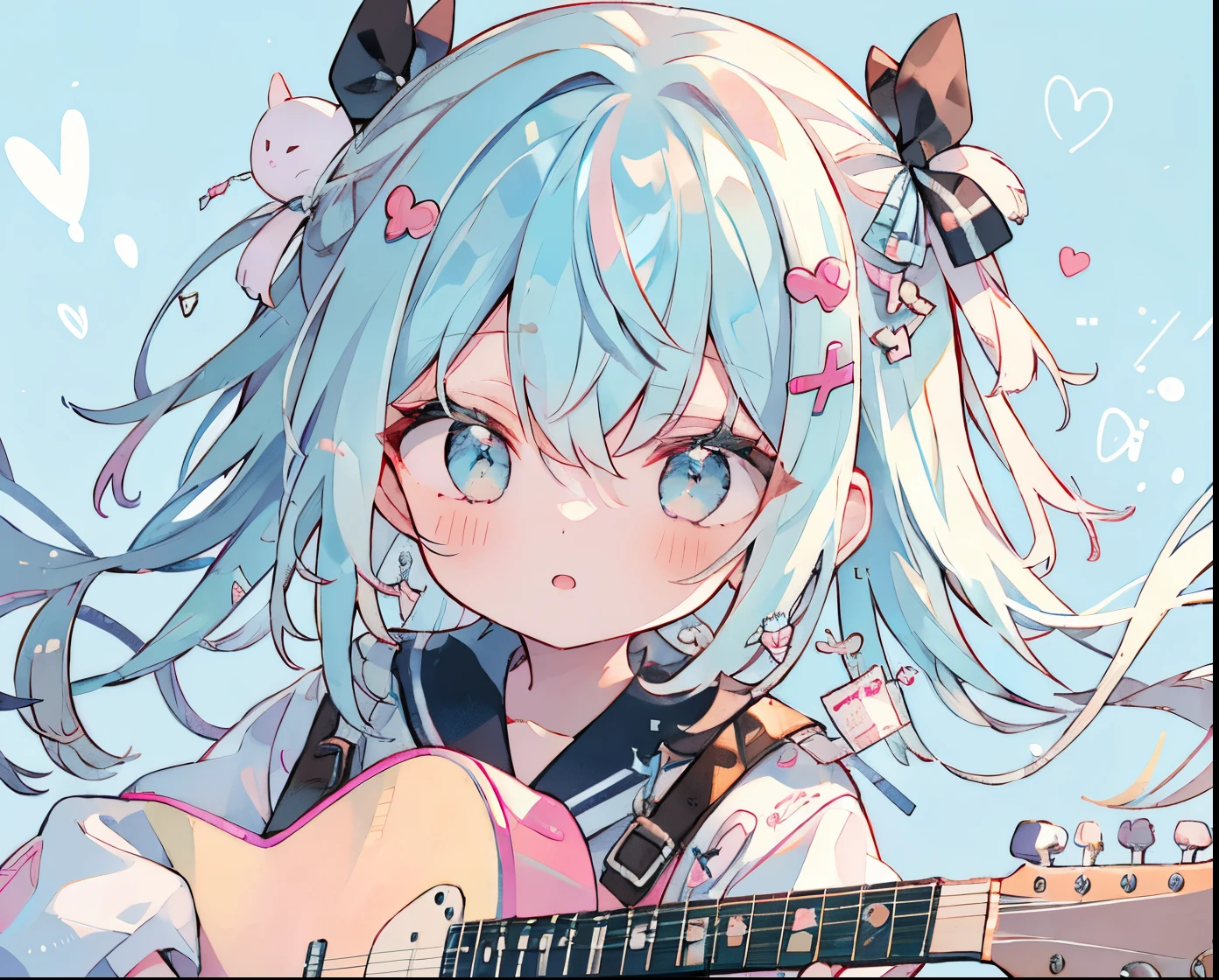 bsurd, high resolution, (handwriting tone:1.1), ((mastepiece)), (best quality), (super detailed), (beautiful), beautiful face, (lift-up), cute girl, guitar, ((have a guitar)) light blue hair, bob hair, light blue eyes, delicate eyes, (band, guitar, pink guitar) light blue sailor suit, light blue skirt, pink ribbon, light blue background、Background Simple