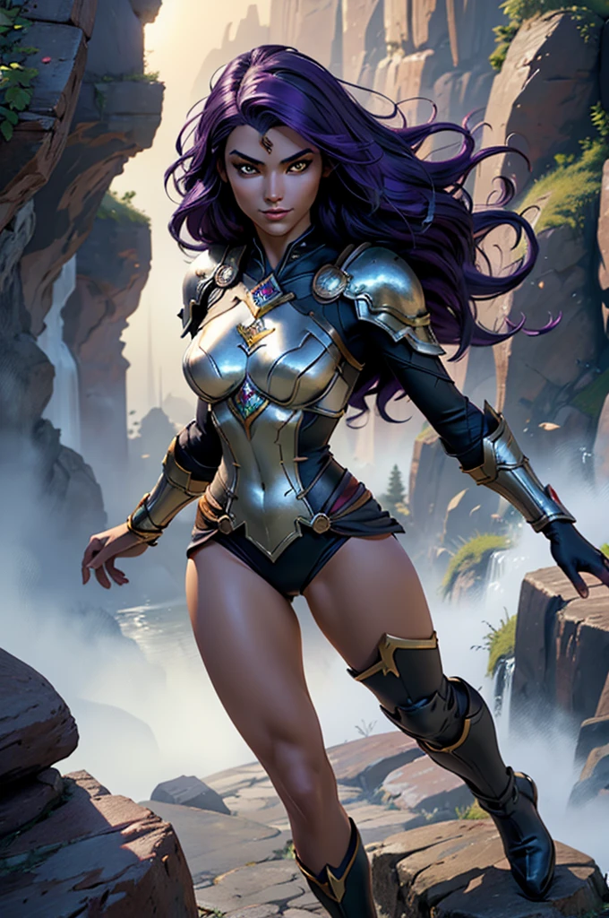 a HYPER Detailed full body illustration o a Stunningly gorgeous looking female dark elf character with a perfect body, 20 years old, chocolate skin tone, she is wering a dark elf garments, Arrogant smiling expression, cinematic light, The girl is wearing a fantasy styled, dark elf garments, reflecting the fantasy setting. light purple hair, messy hair, bright yellow eyes, The image should be a blend of digital illustration and anime, featuring a level of detail that brings the character and scene to life, realistic wide angle, mystical environment, realistic textures, realistic shading, centered, inked lines and watercolour, UHD, photo, 8k resolution, dark, dynamic action, camera Holga, dreamy nostalgic, soft focus, vignetting, light leaks, medium photography, gloomy artistic painterly ethereal, whimsical, dreamy, highly detailed, 8k, unreal engine, hyperrealistic