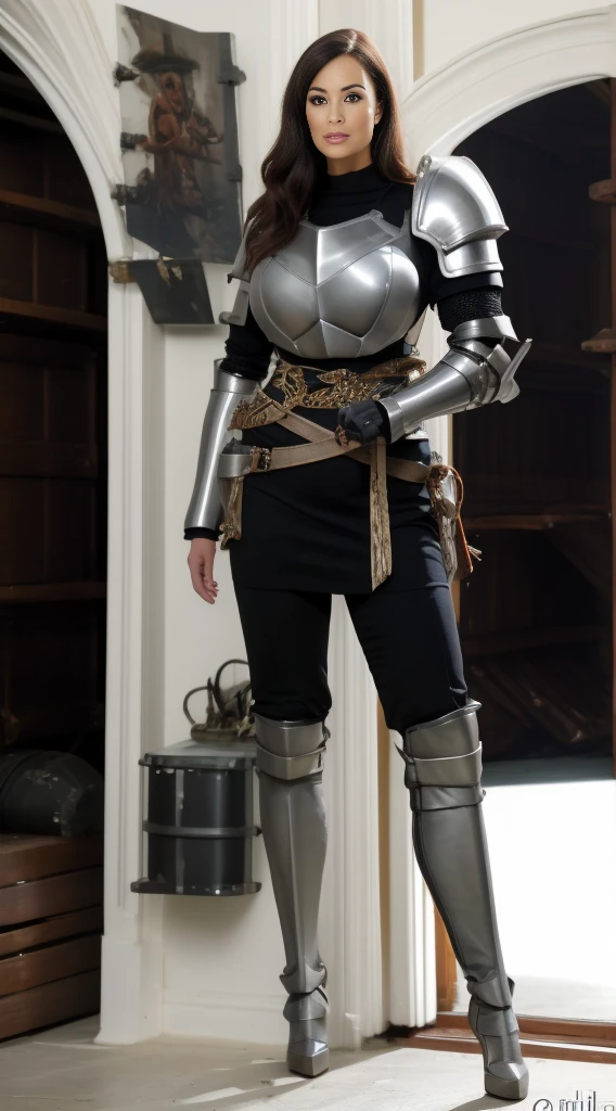 1girl full body, standing straight, looking to the viewer, full body armor, big breast chestplate silver armor, silver helmet, silver bracers, long hair, white skin, thighs, crossing legs, 1solo milf woman,chestplate, bedroom background