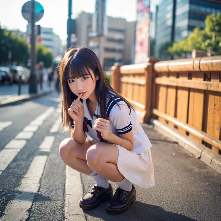 took a full body photo of a Japanese girl wearing a school uniform, the girl sat squatting with her legs spread apart as if deliberately showing her panties, she was squatting on the sidewalk giving a sexy pose with a lewd face, she must have thic and sexy areolas, and black hair, her chest must be big. Please make her look like a typical Japanese school girl in a white blouse, Red bow, Black shoes, knee socks and a very short pleated skirt. captures the natural lighting of the scene with a bright, sunny ambiance. Make sure your photos look authentic、Capture the energy and charm of Japan ren in a busy urban environment