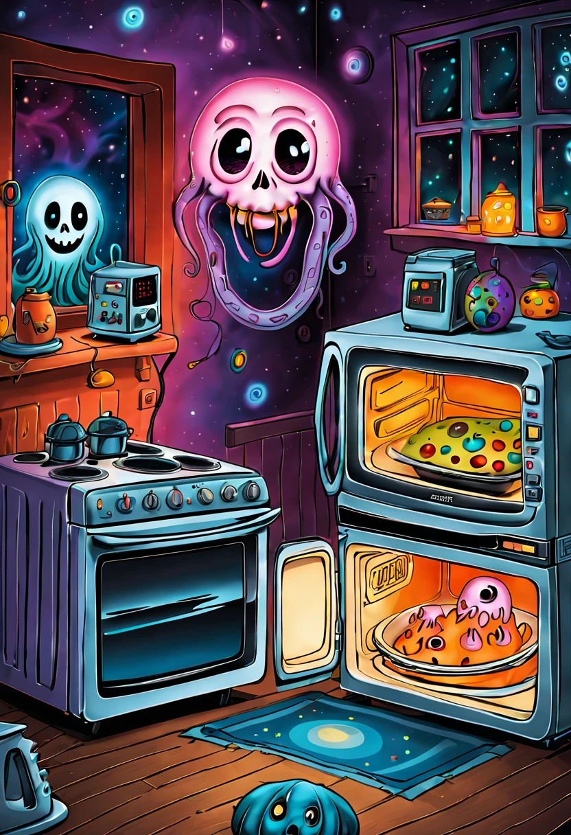 In this illustration,I will use more phantom colors,Emphasize the weirdness and humor of electrical appliances。A ghostly hand protrudes from the refrigerator door,The interior of the microwave oven is filled with colorful lights,like a magical space。The blender's smiling face has a hint of warm humor,But the tentacles show sharp edges,Makes people feel weird。The whole picture is full of magical illusions,While retaining the coexistence of horror and humor。