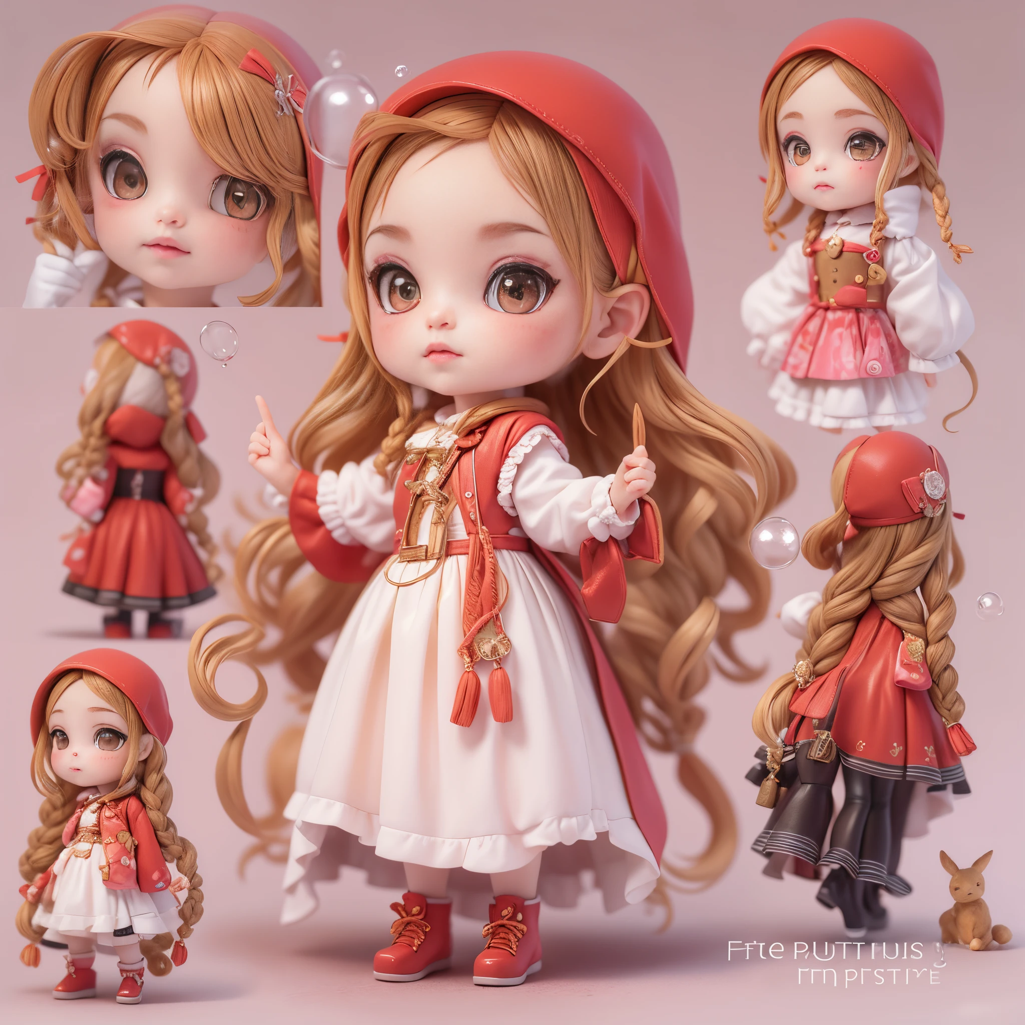 (tmasterpiece), (Better quality), (A lot of detail), (full bodyesbian:1.2),tchibi,Beautiful and cute baby girl, Fairy tale theme, (Exquisite braids,Double up braid),(dressed in:Sophisticated red hooded dress,head band, red long skirt,laced dress,White socks,Black leather shoes,(Complicated details:1.1), ),Eye depiction,Exquisite Hair,Bubble Mart Blind Box,Pastel tonal background , Colorful and simple,3Drenderingof,Q printmaking style,Add a base,