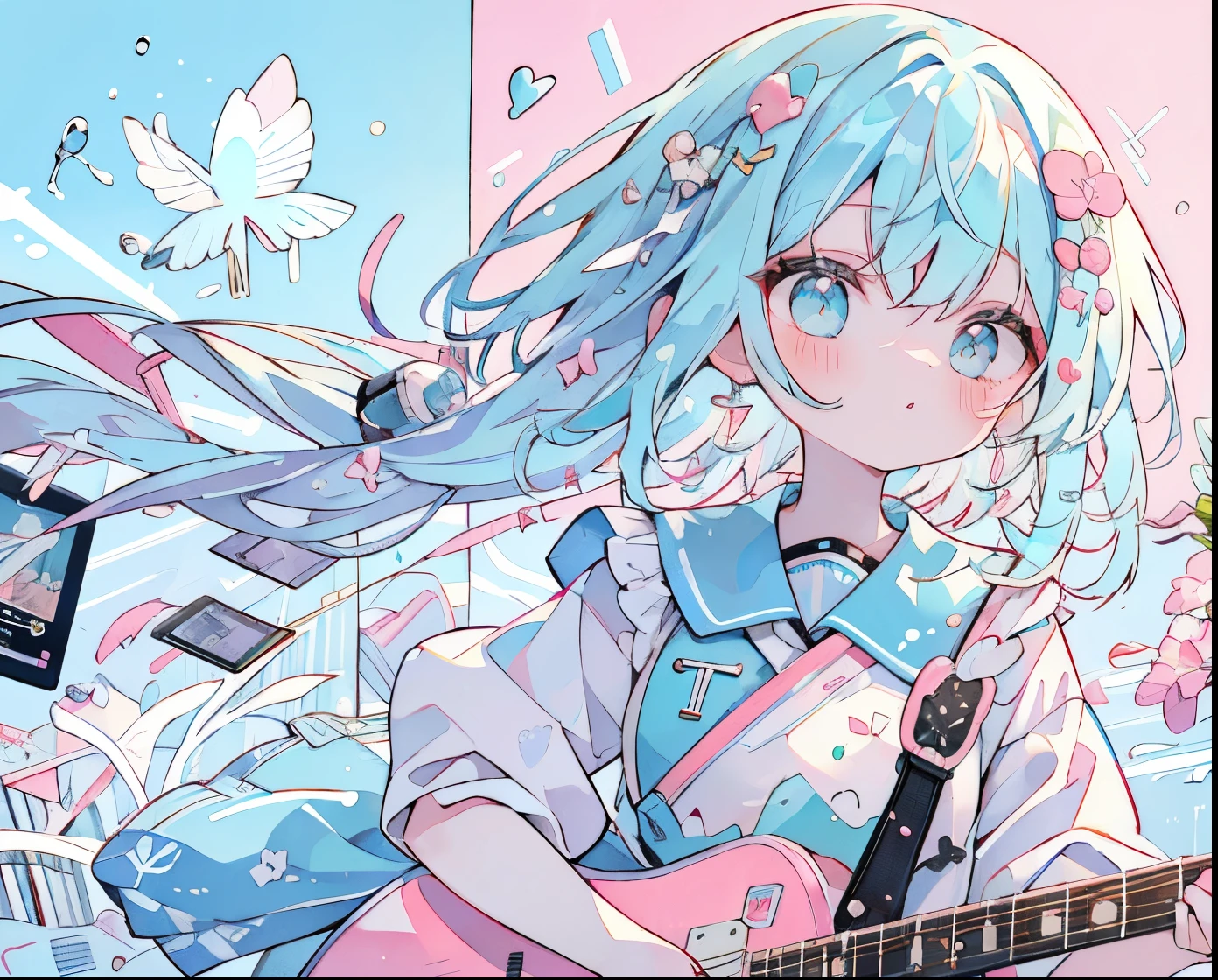 bsurd, high resolution, (handwriting tone:1.1), ((mastepiece)), (best quality), (super detailed), (beautiful), beautiful face, (lift-up), cute girl, guitar, ((have a guitar)) light blue hair, bob hair, light blue eyes, delicate eyes, (band, guitar, pink guitar) light blue sailor suit, light blue skirt, pink ribbon, light blue background、Background Simple