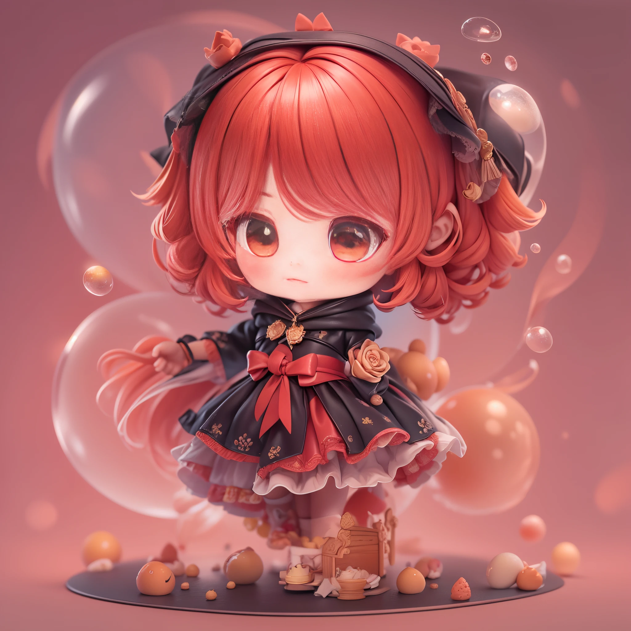 (tmasterpiece), (Better quality), (A lot of detail), (Full body lesbian: 1.2) ，(full bodyesbian:1.2)，tchibi，Beautiful and cute  girl, Fairy tale theme, （dressed in：Sophisticated red hooded dress，red head band, red long skirt，laced dress，White  socks，Black leather shoes，(Complicated details:1.1), ），Eye depiction，Exquisite Hair，Bubble Mart Blind Box，Pastel tonal background , Colorful and simple，3 Rendering，Q printmaking style，Add a base，