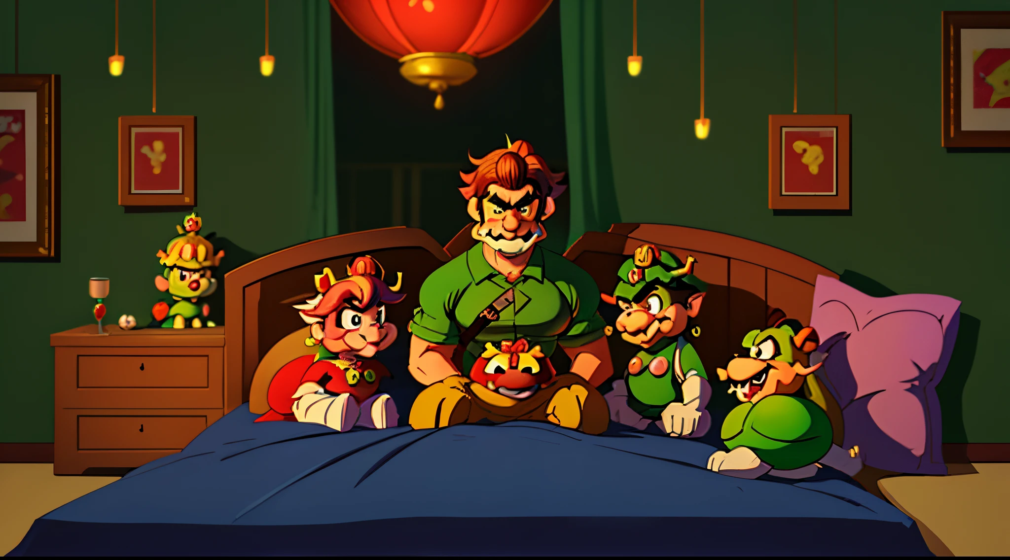 bowser besando a Luigi bros, romance, bowser fuerte, sentados en la cama de bowser, cama de color rojo ,felices,Royal Room, romance, amor, Luigi bajo de bowser , abrazo , juntos, oscuridad, arte Digital, bowser y Luigi beso, romance