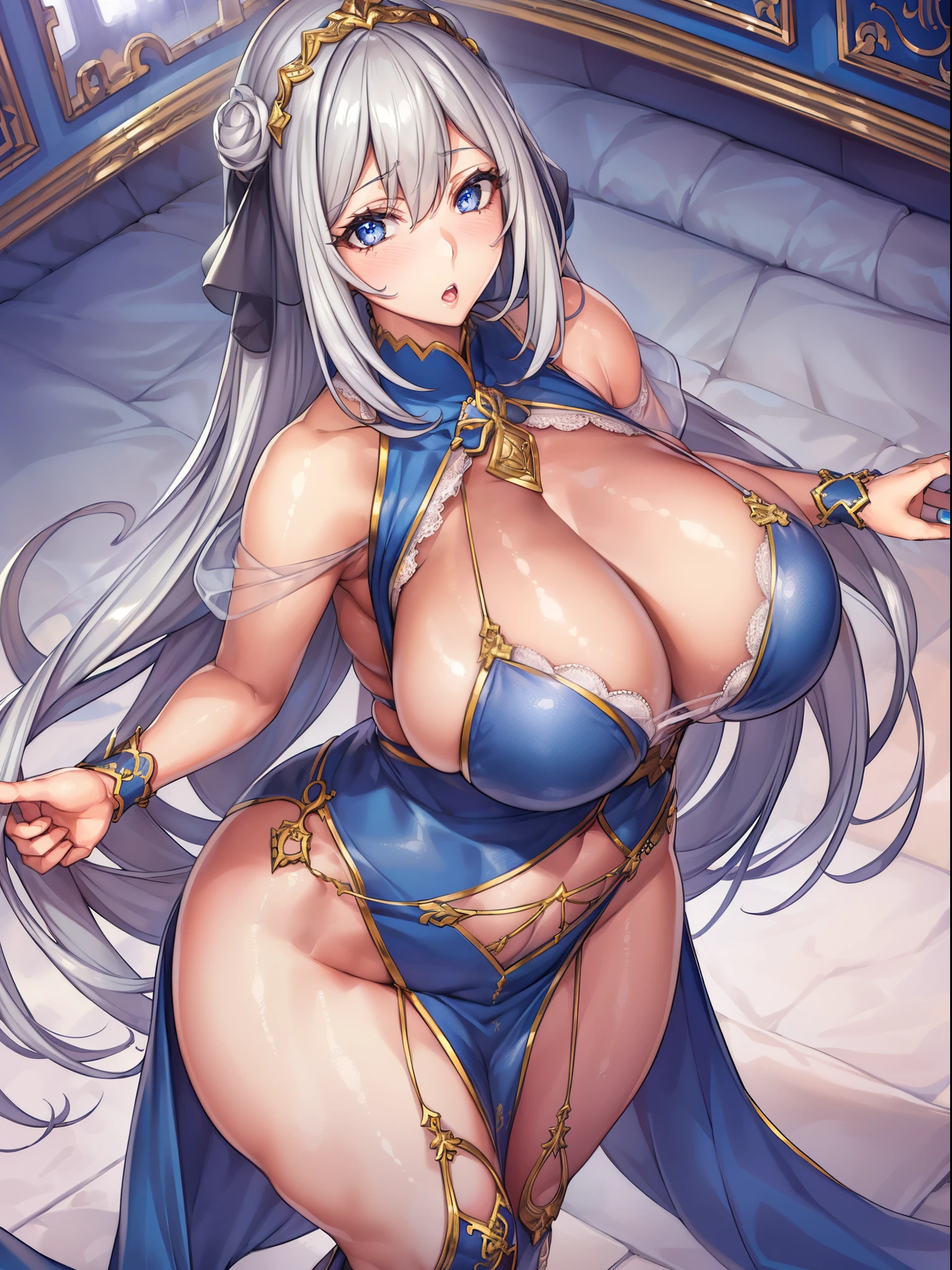 (8K, best qualtiy, tmasterpiece:1.2),\(eye detailed\),\(Facial features\),(\(Detailed details of the clothes\)\),(sface focus) ,extremely detailed CG unified 8k wallpaper,hugefilesize,ultra - detailed,hight resolution,hoang lap,beautidful eyes,Ray Tracing,Dramatic shadows,Detailed pubic hair,Dramatic angles,Hyper-detailing,(1 girl:1.3),(Alone),Gray hair,Blue eyes,a matural female,gigantic cleavage breasts,Sister,breast curtains, see -through, Lumpaulin, harem outfit,YD Type Dance Costume