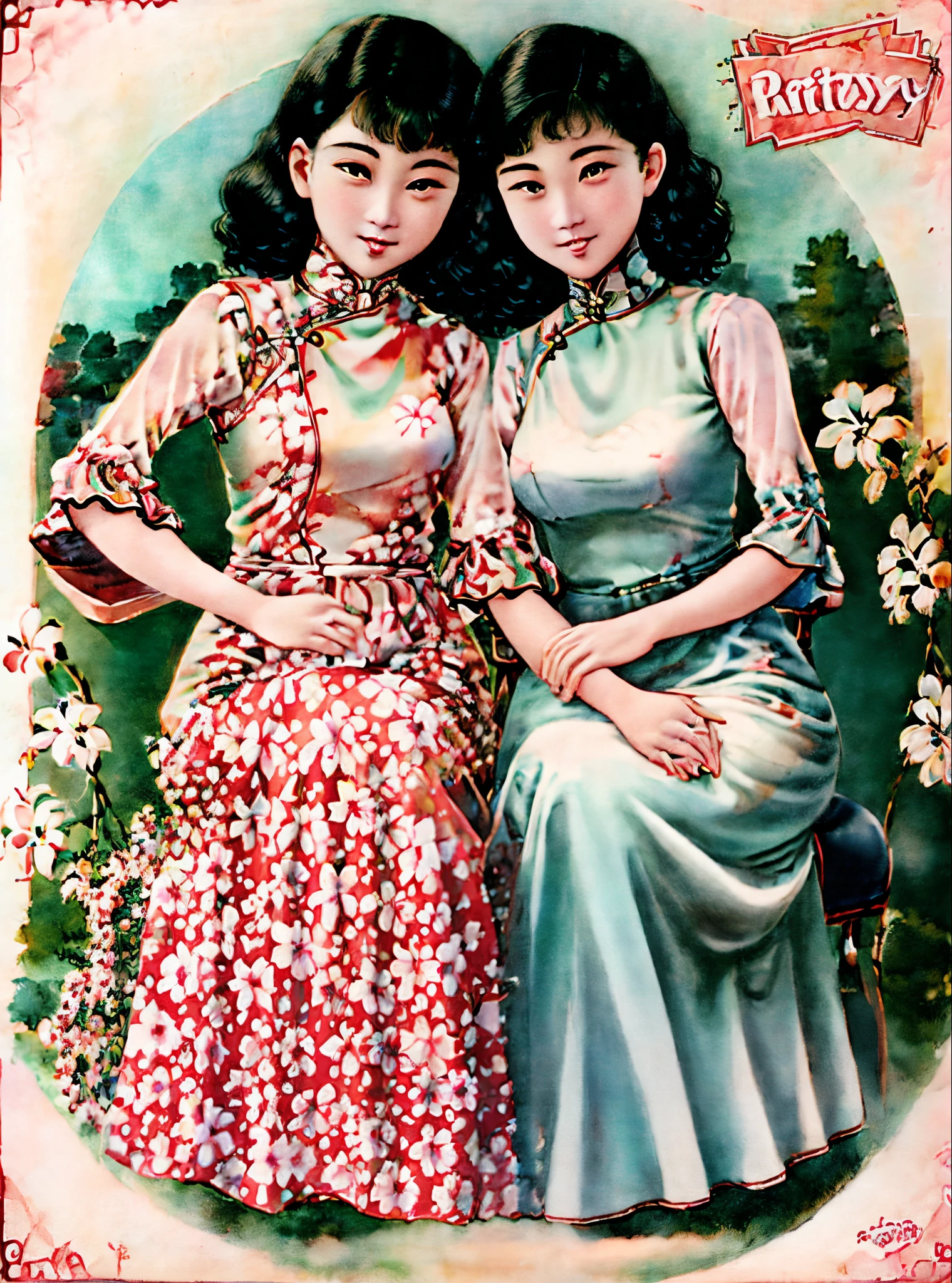 two brunette girls with medium black hair on a flower chair wearing party dresses