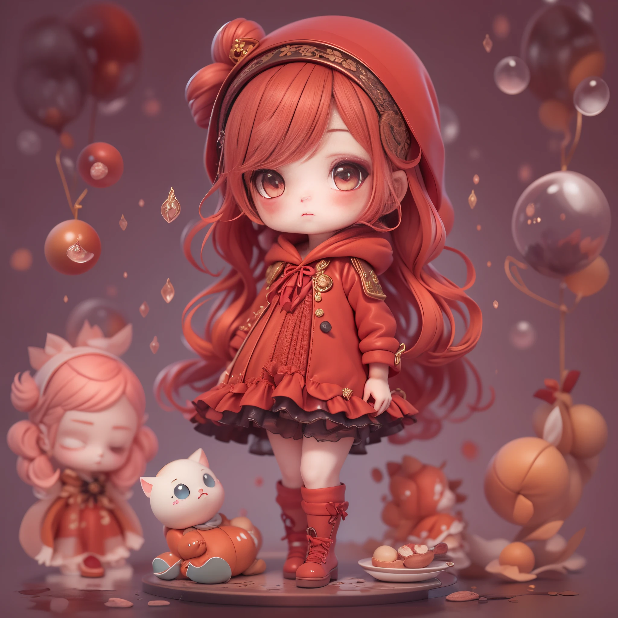 (tmasterpiece), (Better quality), (A lot of detail), (Full body lesbian: 1.2) ，(full bodyesbian:1.2)，tchibi，Beautiful and cute  girl, Fairy tale theme, （dressed in：Sophisticated red hooded dress，red head band, red long skirt，laced dress，White  socks，Black leather shoes，(Complicated details:1.1), ），Eye depiction，Exquisite Hair，Bubble Mart Blind Box，Pastel tonal background , Colorful and simple，3 Rendering，Q printmaking style，Add a base，