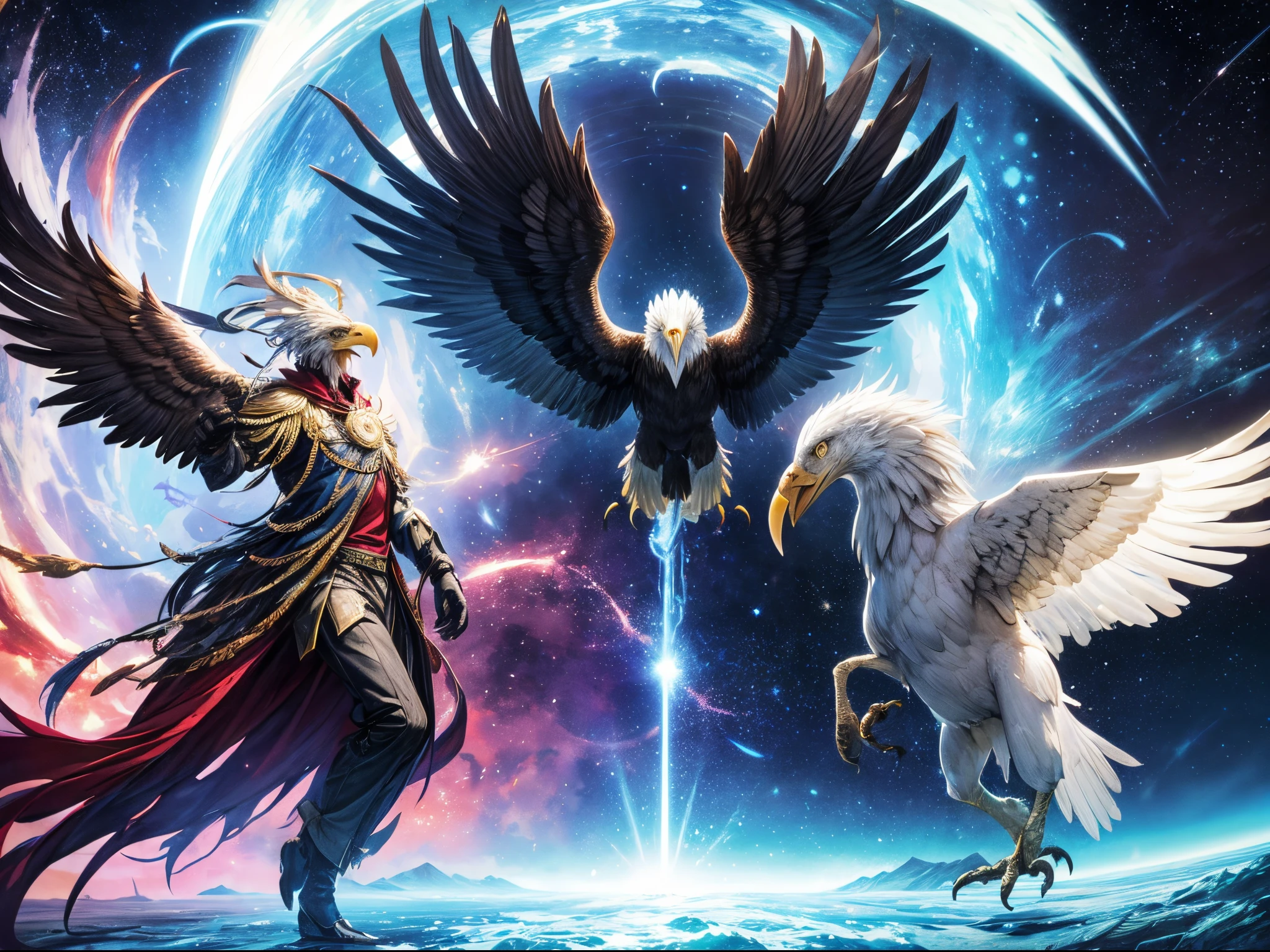 Within a surreal dreamscape, the American screaming eagle transforms into a surrealistic creature with wings made of galaxies and a head composed of abstract shapes, soaring through a cosmic dreamscape.