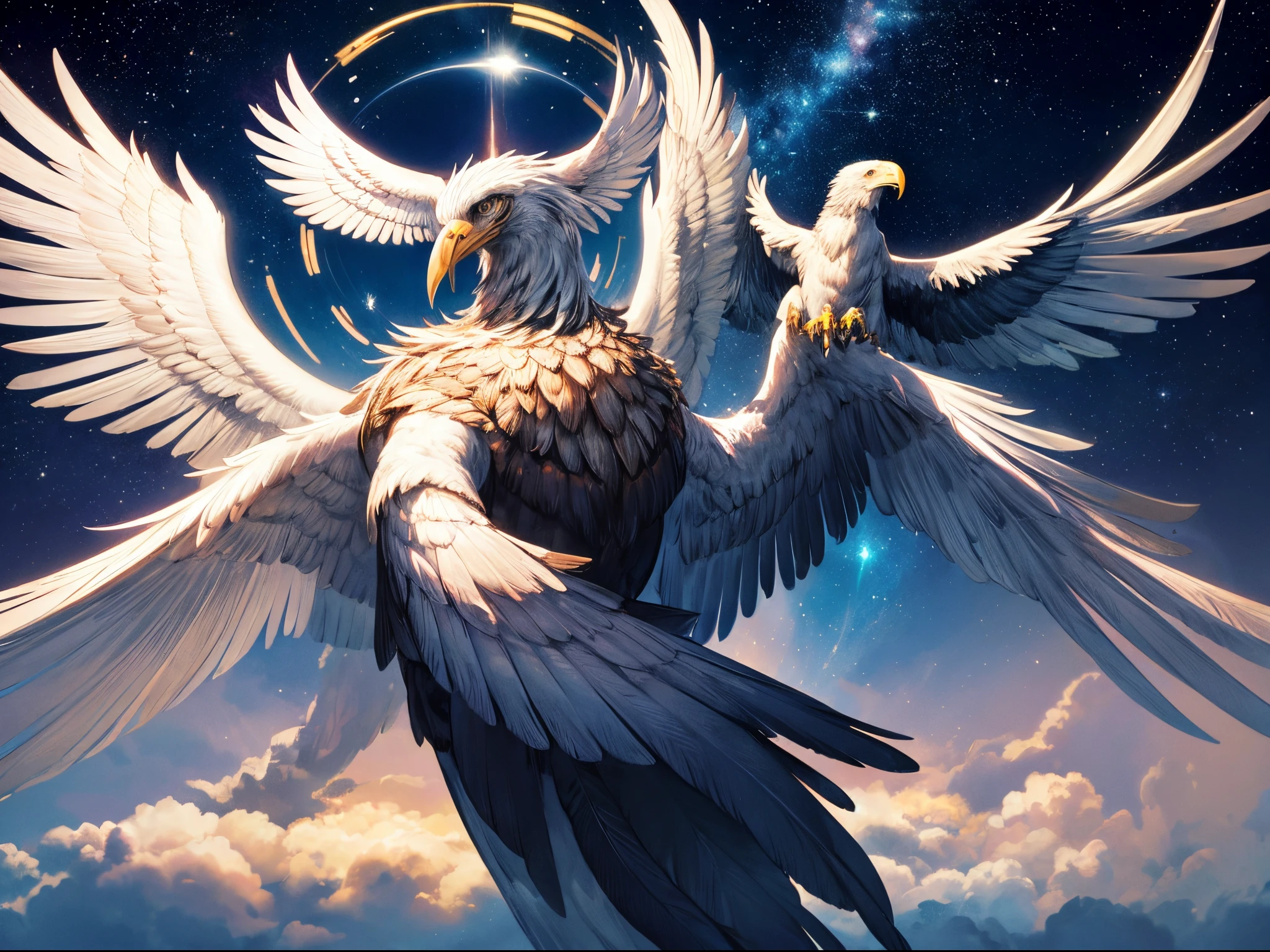 Within a surreal dreamscape, the American screaming eagle transforms into a surrealistic creature with wings made of galaxies and a head composed of abstract shapes, soaring through a cosmic dreamscape.