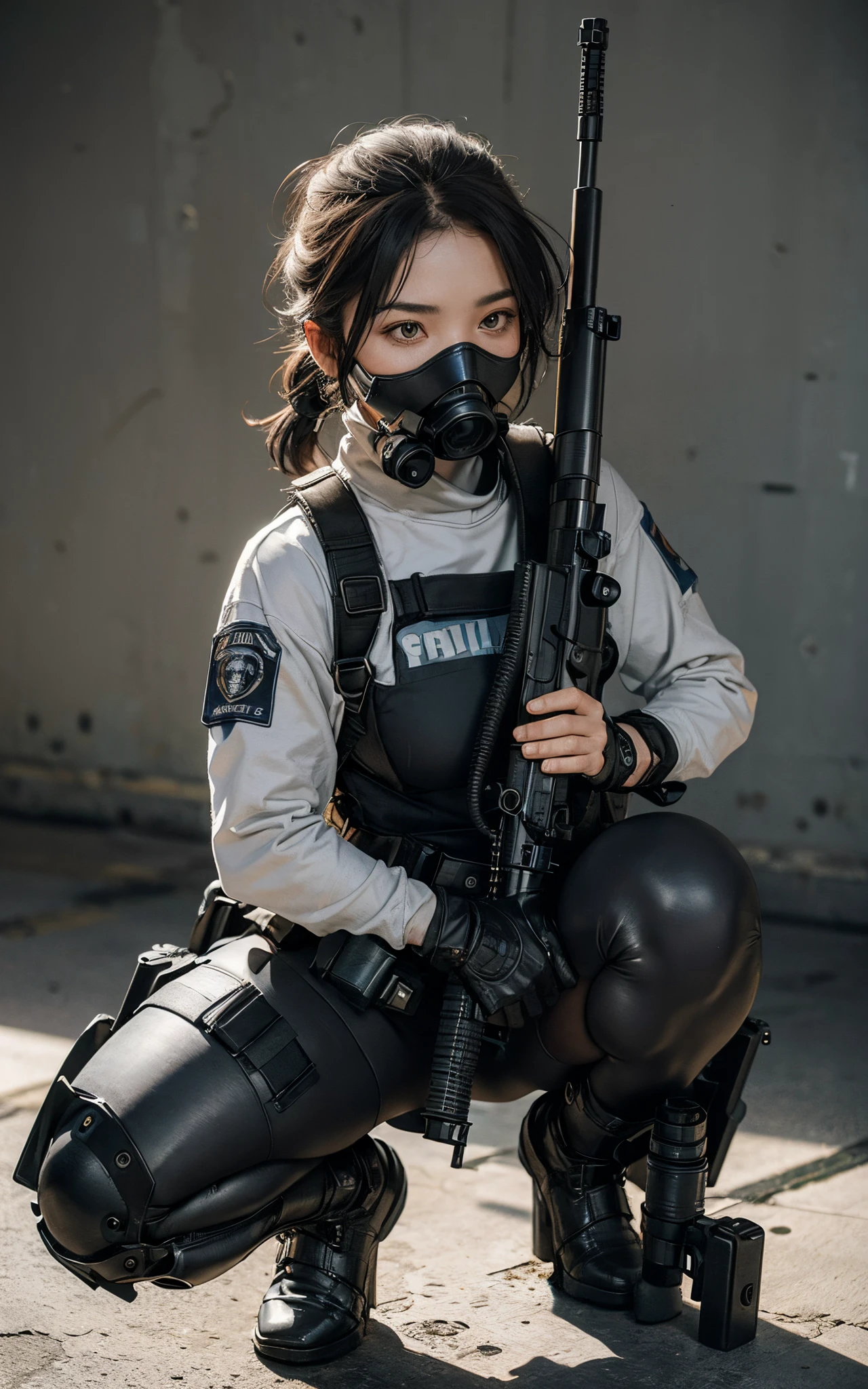 ((best quality, (masterpiece), photorealistic, photorealism, Photorealistic, high resolution)), 1girl full body, aiming with an assault rifle, another girl squatting behind, Combat pose, a bit chubby, (Detailed face), (wearing rash-guard likes police uniform, gloves, black and grey mecha, wearing futuristic-gasmask, military harness, holding a machinegun, carrying hich-tech-launcher), background grey, Fingers are occluded