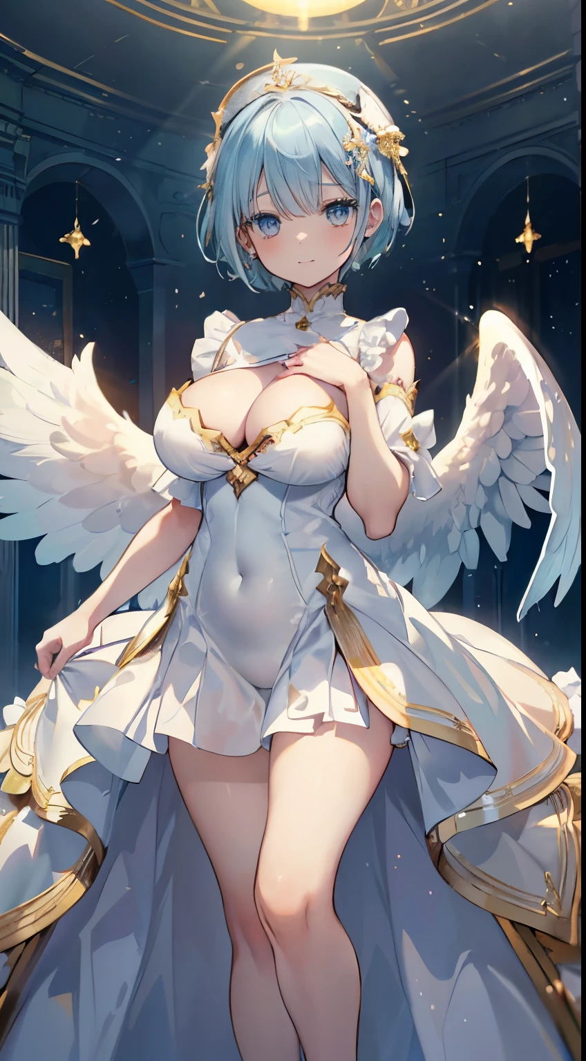 extra detailed face, Perfect Lighting, extremely details CG, 4K、8K、be shy、mournful smile、(Perfect hands, Perfect Anatomy)、Ultra-realistic photo of a girl in a majestic white and golden ball gown dress, Big beautiful dress, Complex puffy ball gown with lots of frills and rhinestones (Best Quality, masutepiece, ((Angel wings:1.2))。 art stations, Fantasy Art:1.2), Palace rooms, Beautiful cute girl, Rem of Rezero、(Blue shorthair:1.3), Bangs hide one eye、(Complex short gold skirt, Bare legs:1.2, Full body shot)、very Bigger breasts、cleavage of the breast、Nipples show through、White panties、(Clearly visible detailed female pubic shape: 1.4)、skirt rift、