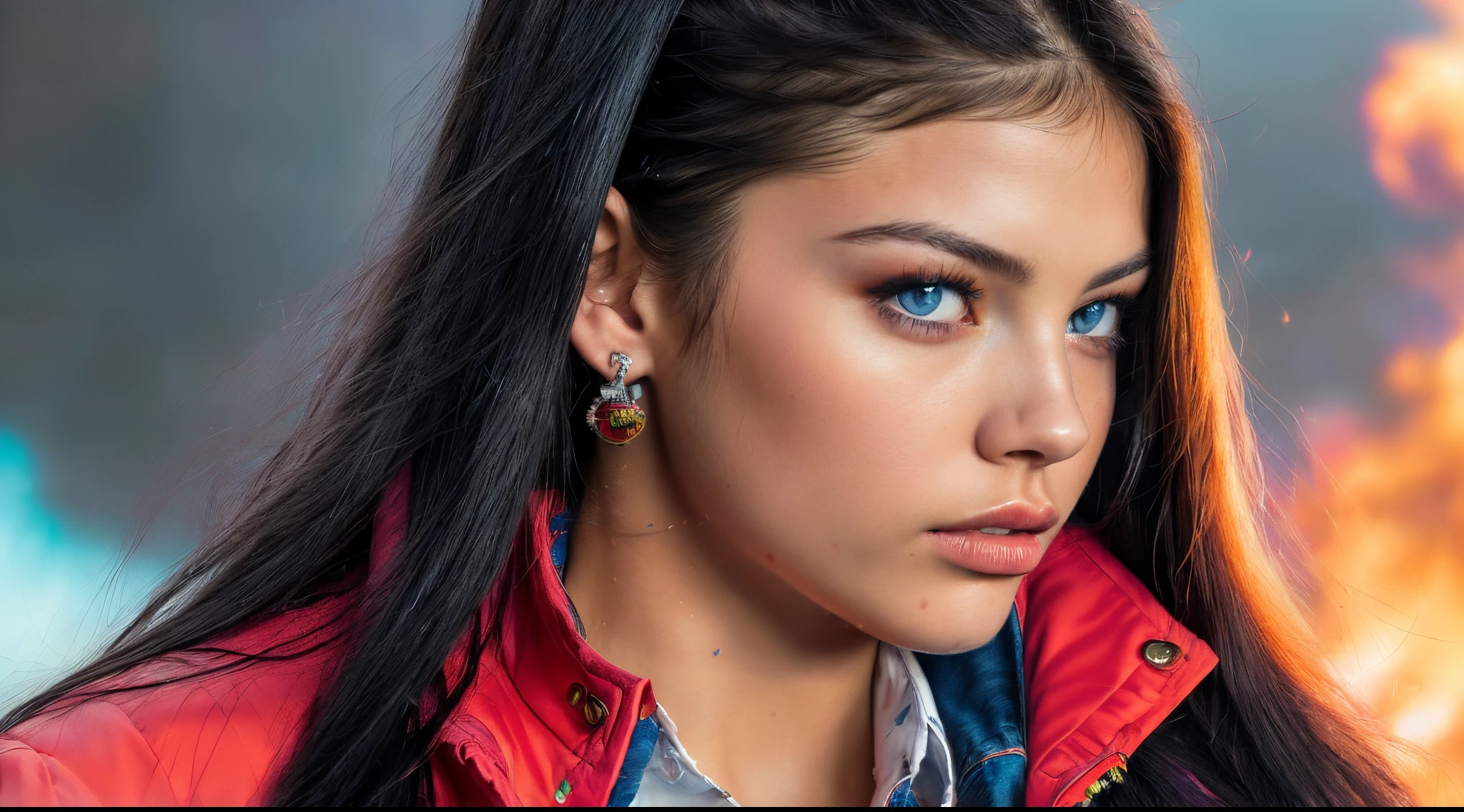 Maximum Extreme Hyper realistic, Maximum Extreme Hyper Detailed, Maximum Extreme Hyper Sharp, Maximum Extreme Hyper Sharp, Maximum Extreme Close Up, Front Front, Full Body, Portrait, Thylane Blondeau beautiful woman, (((beautiful model, with long black hair and ultra detailed, with blue eyes, dressed in a gradient red jacket and white blouse printed with Japanese letters, jeans,))))((((ultra realistic 8k, super detail), Post-processing, (Splash Art), Exaggerated Perspectives, Natural colors, (Colourful and Highly Detailed )))) , camera with multiple movement angles, glamorous fire, swirling red smoke and glowing particles, low neon effects, silver and black nuances, ultra detailed 8k video, hdr, complex images, provide me the best experience of image and movement