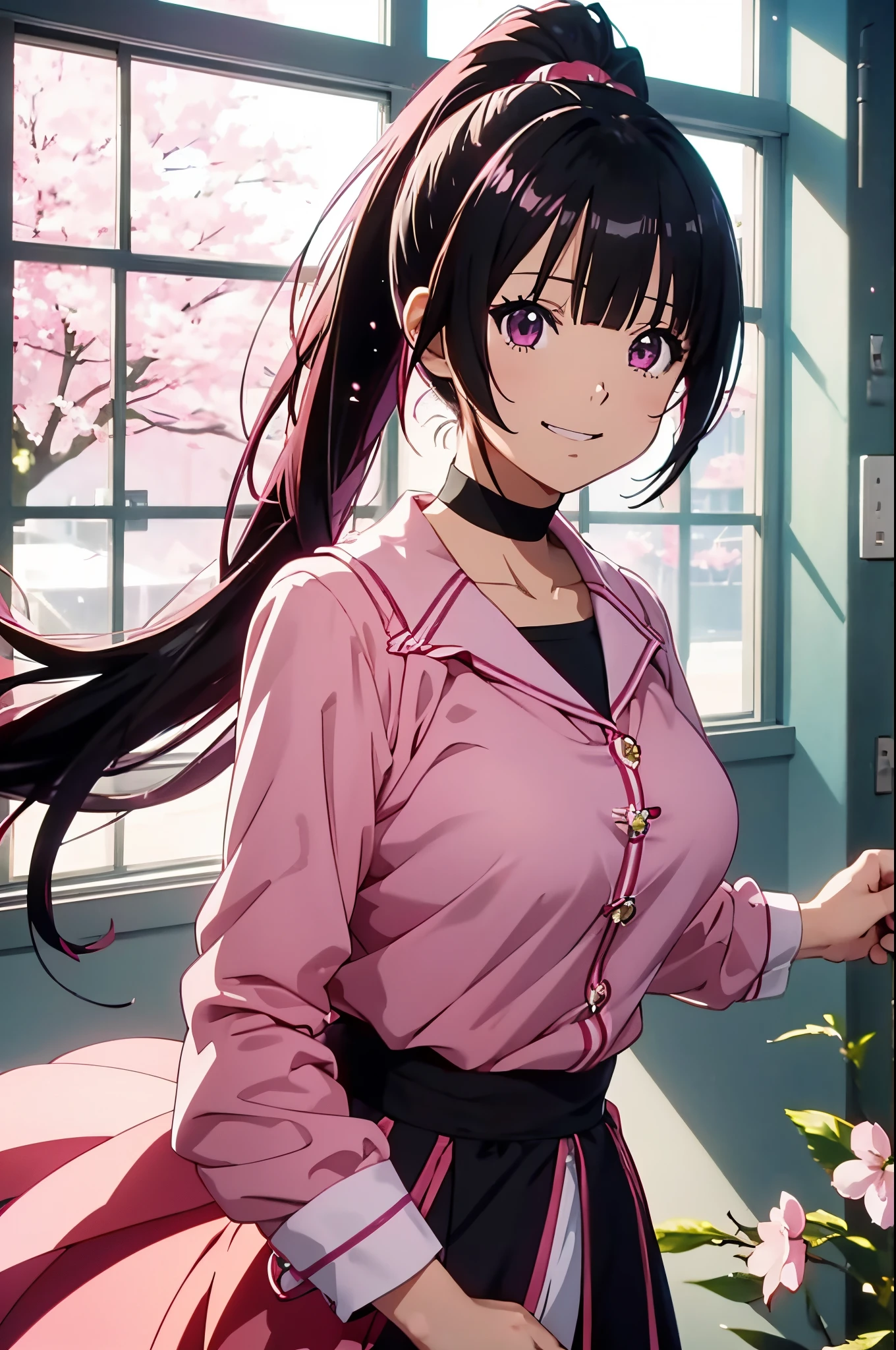 vibrant colors, girl, masterpiece, sharp focus, best quality, depth of field, cinematic lighting, (anime screencap:1.4), action shot, long hair, black hair, pink eyes, hairclip, indoors, in spring, cherry blossom, sparkle, smile, school outfit, ponytail, large breasts,