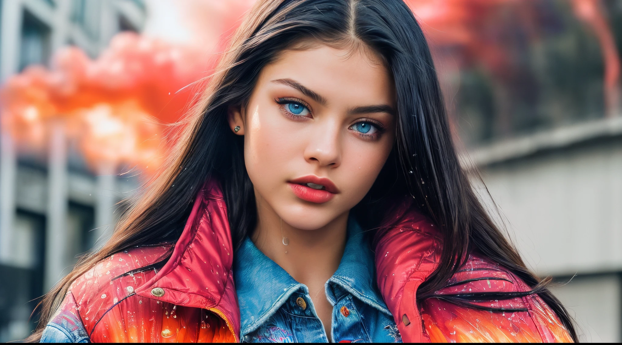 Maximum Extreme Hyper realistic, Maximum Extreme Hyper Detailed, Maximum Extreme Hyper Sharp, Maximum Extreme Hyper Sharp, Maximum Extreme Close Up, Front Front, Full Body, Portrait, Thylane Blondeau beautiful woman, (((beautiful model, with long black hair and ultra detailed, with blue eyes, dressed in a gradient red jacket and white blouse printed with Japanese letters, jeans,))))((((ultra realistic 8k, super detail), Post-processing, (Splash Art), Exaggerated Perspectives, Natural colors, (Colourful and Highly Detailed )))) , camera with multiple movement angles, glamorous fire, swirling red smoke and glowing particles, low neon effects, silver and black nuances, ultra detailed 8k video, hdr, complex images, provide me the best experience of image and movement