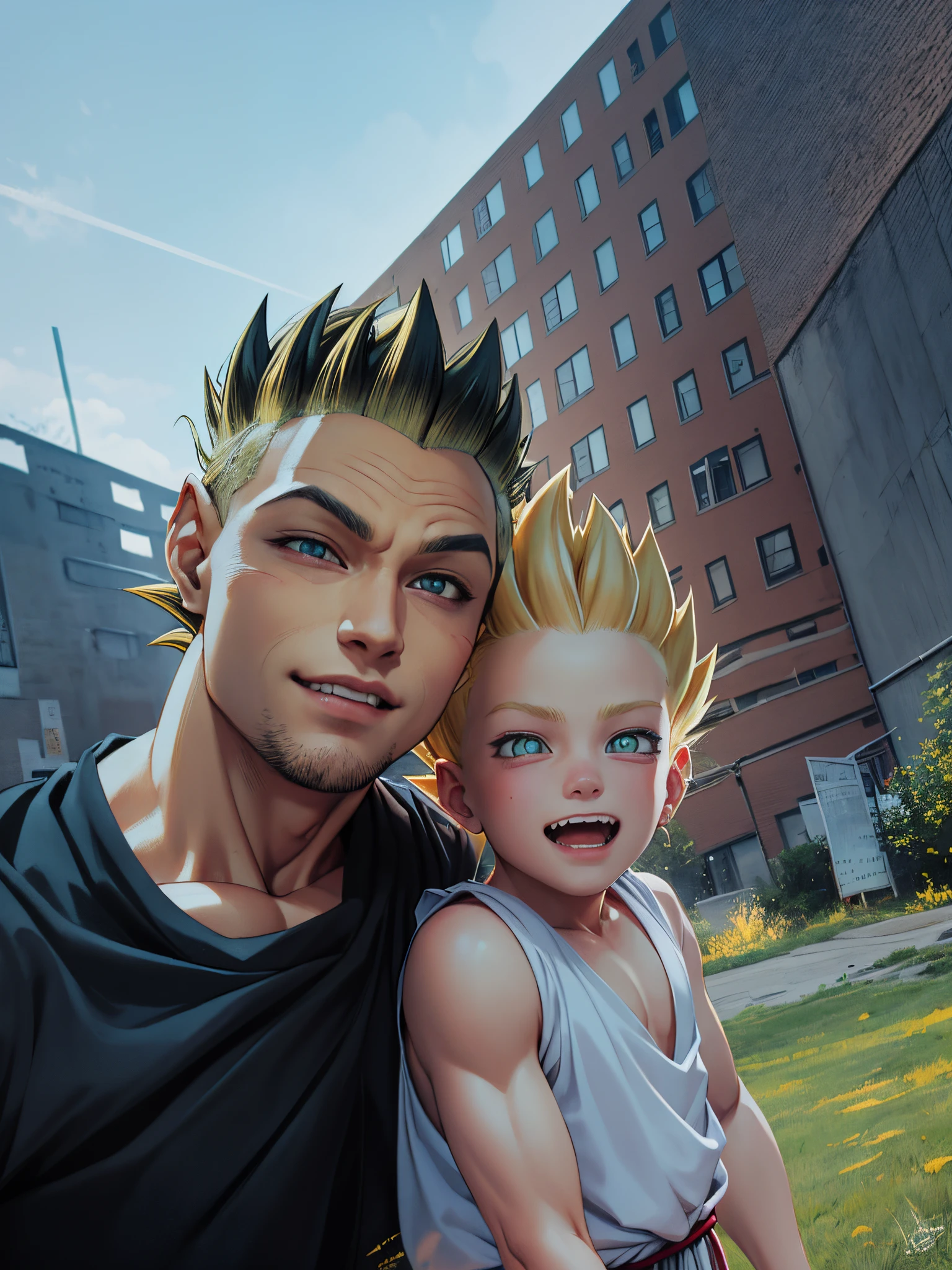 there is a man and a boy that are standing together,HD, (Masterpiece), (Photo:1.3),High Quality, High Resolution, Smile, Perfect Lighting, Masterpiece, beautiful, ((SuperSaiyan)), cowboy shot, ((blonde hair)), super saiyan, (spiked hair),detailed face, detailed eyes,