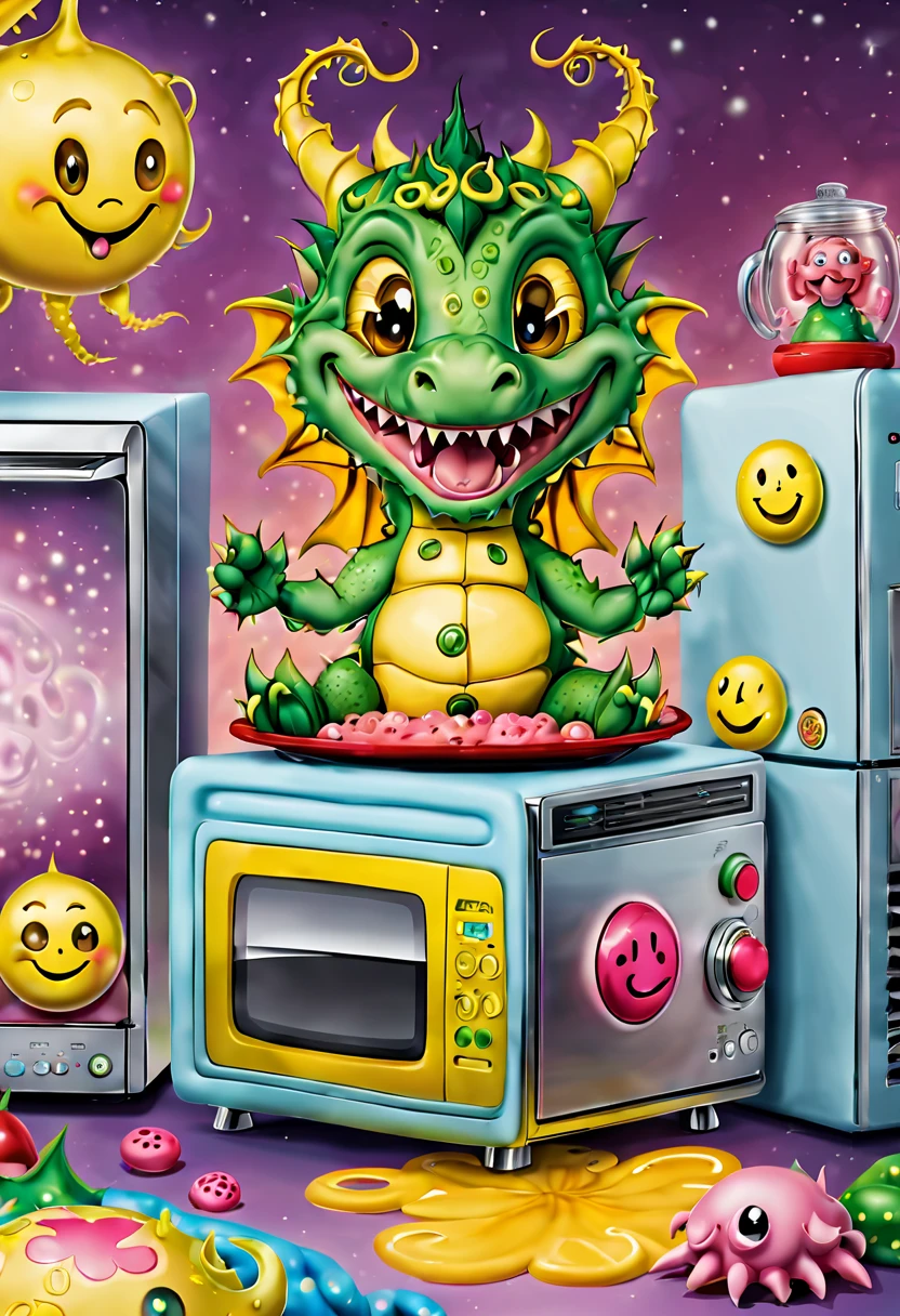 This illustration will be presented in a cuter style。After the refrigerator door is opened，A cheerful elf jumped out of it，The buttons on your microwave&#39;s control panel become like fairytale buttons，The smiley face of the blender shines brightly，The tentacles turned into cute cuddly dragon dolls。The whole picture is full of innocence and happiness，It's a pleasure。